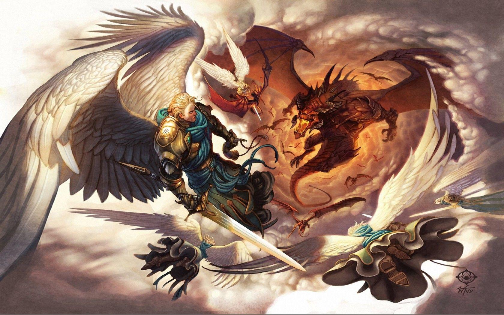 1680x1050 Battle With Dragon Angel Sword Armor Wing Flight Fantasy Hd Wallpaper For Desktop :