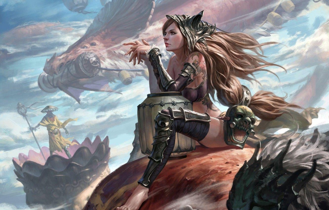 1332x850 Wallpaper girl, fantasy, armor, long hair, Warrior, tattoo, painting, dragon, digital art, artwork, mask, fantasy art, pearls image for desktop, section фантастика