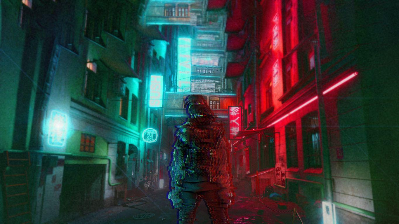 Download wallpaper 1366x768 cyberpunk, dark, cityscape, buildings, art,  tablet, laptop, 1366x768 hd background, 16538