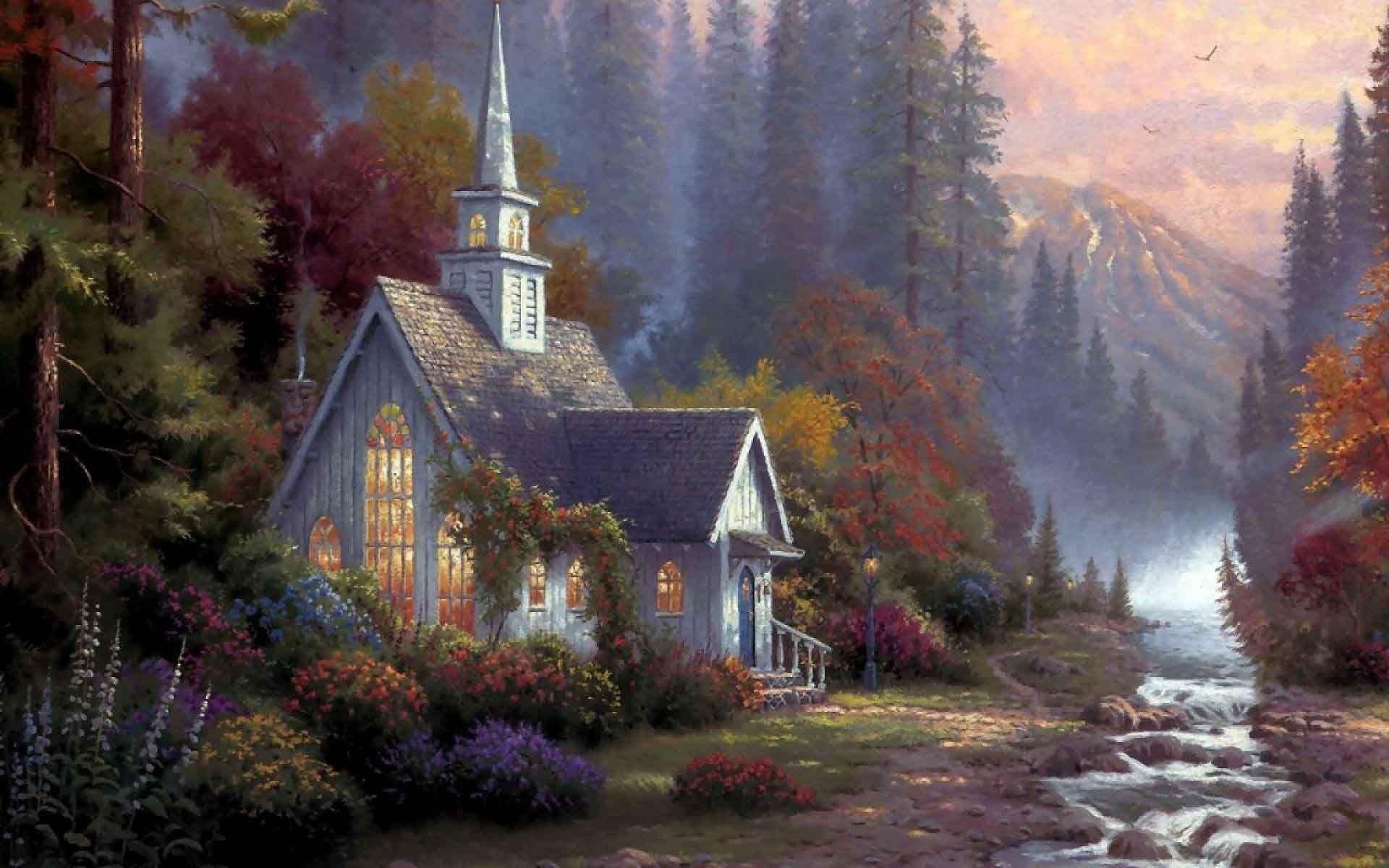 1920x1200 Thomas Kinkade Forest Chapel Wallpaper 1920x1200