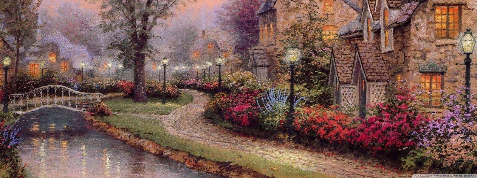 1600x600 Village Painting by Thomas Kinkade HD desktop wallpaper : High