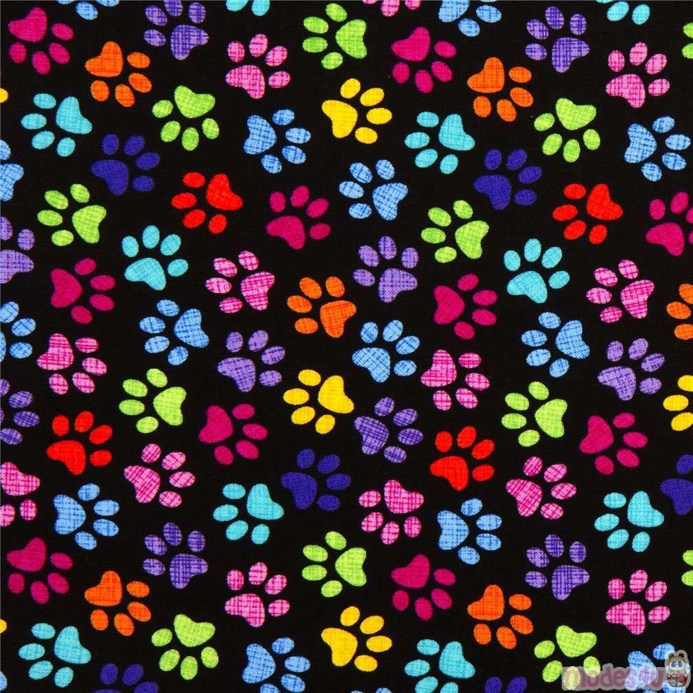 1010x1010 black designer fabric with colourful checkered paw prints. Animal print wallpaper, Prints, Paw print