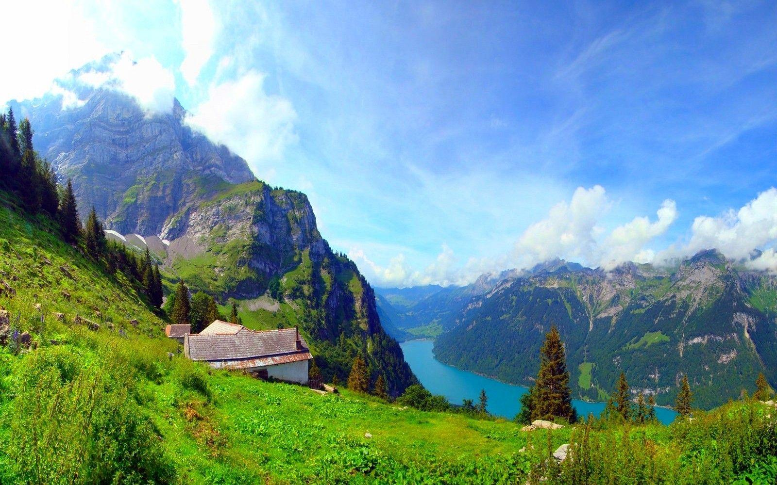 1600x1000 #grass, #forest, #clouds, #summer, #lake, #nature, #trees, #mountains, #landscape, #cottage, wallpaper. Mocah.org HD Desktop Wallpaper