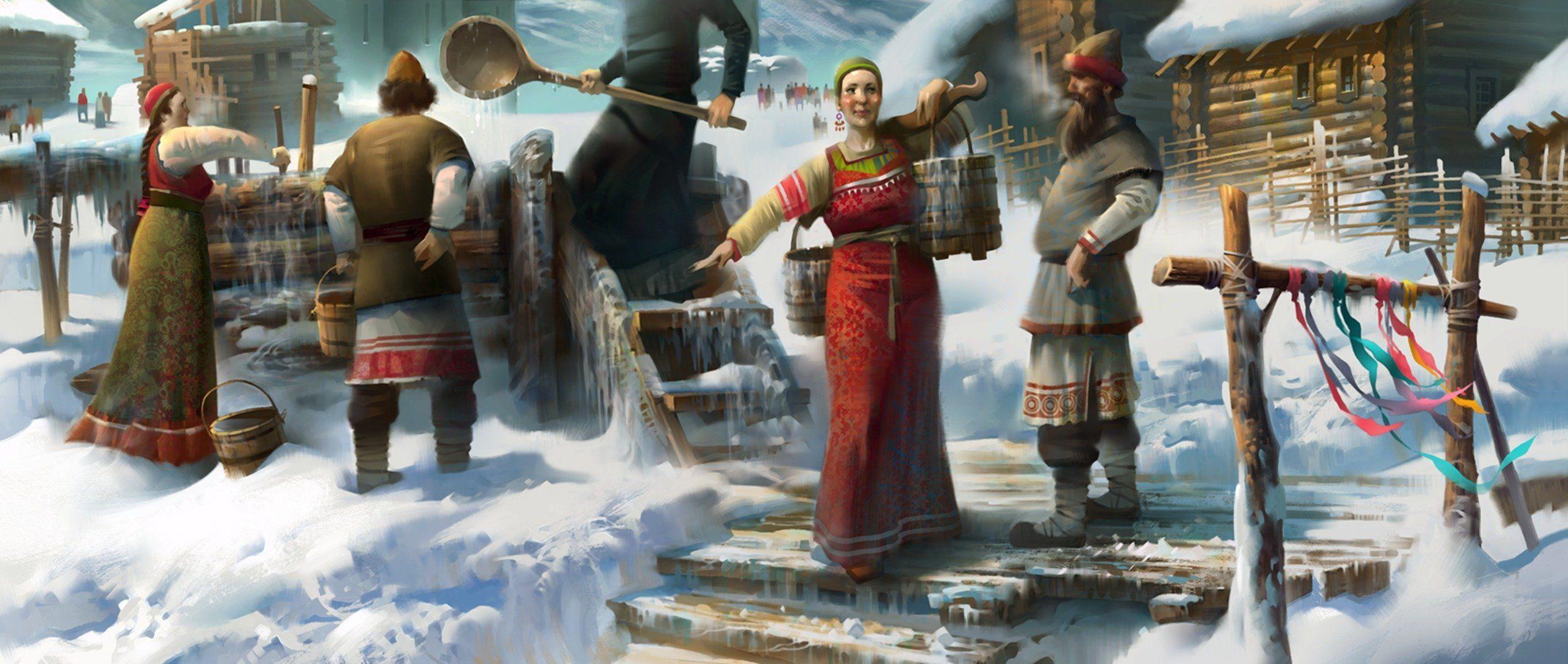 2552x1080 russia village well people water snow winter HD wallpaper