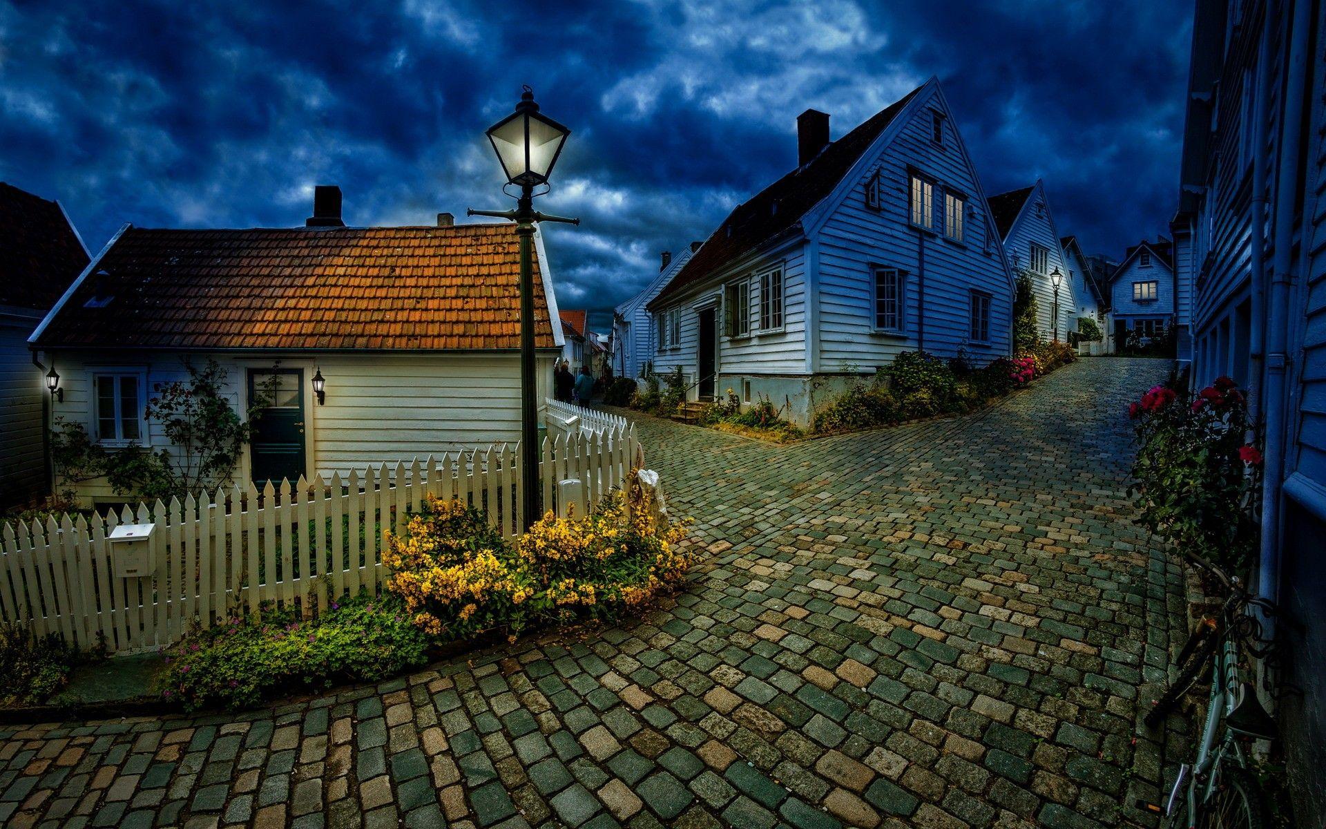 1920x1200 architecture, Building, Nature, Norway, House, Night, Street, Village, Street light, Hills, Clouds, Fence Wallpaper HD / Desktop and Mobile Background