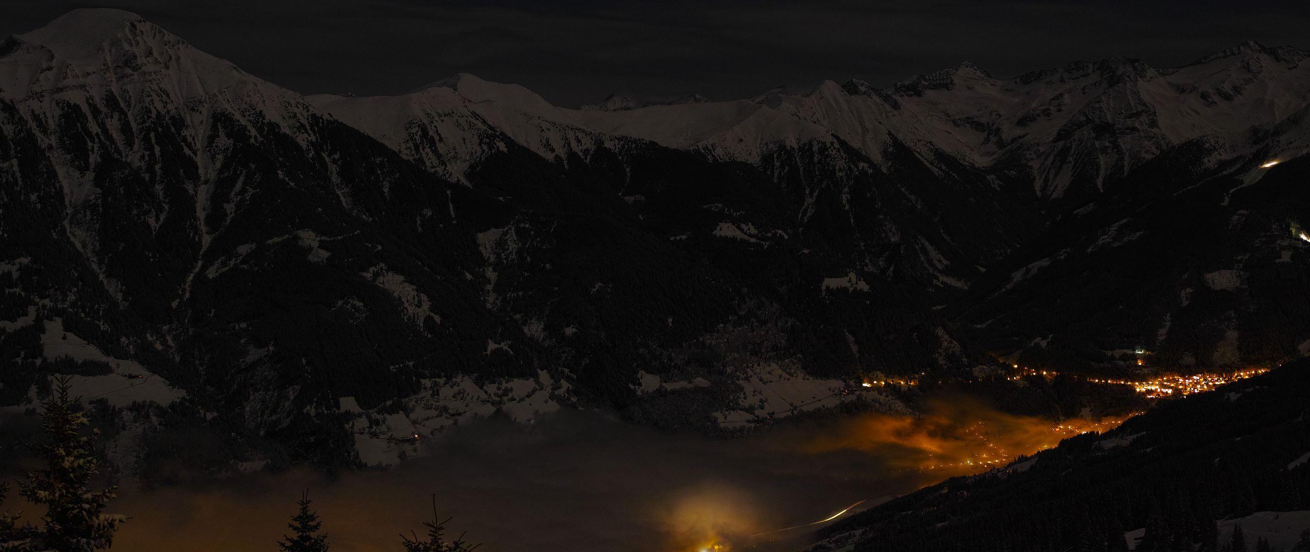 2560x1080 Download wallpaper 2560x1080 mountains, night, village, light, salzburg, austria dual wide 1080p HD background