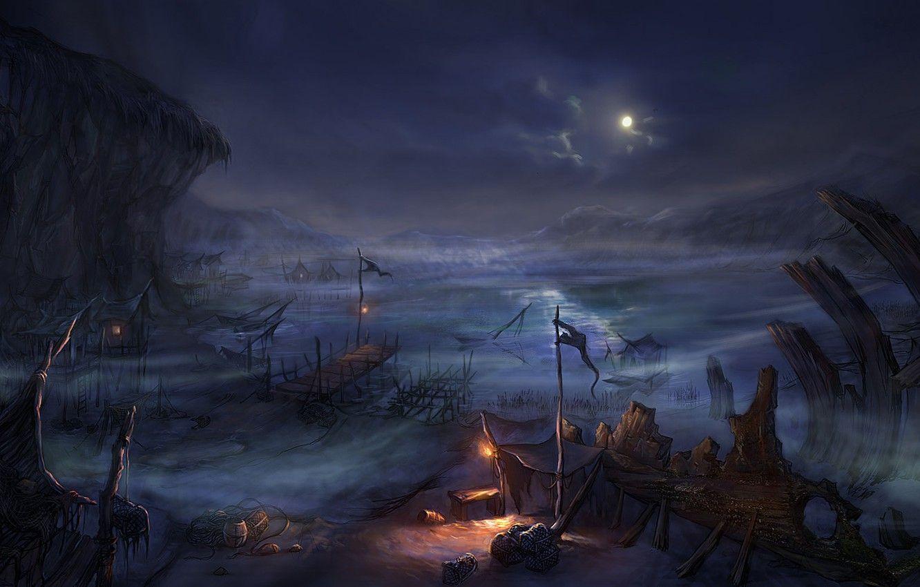1332x850 Wallpaper the moon, home, lake, Night, boats, the fire destroyed the ship, network, village image for desktop, section фантастика