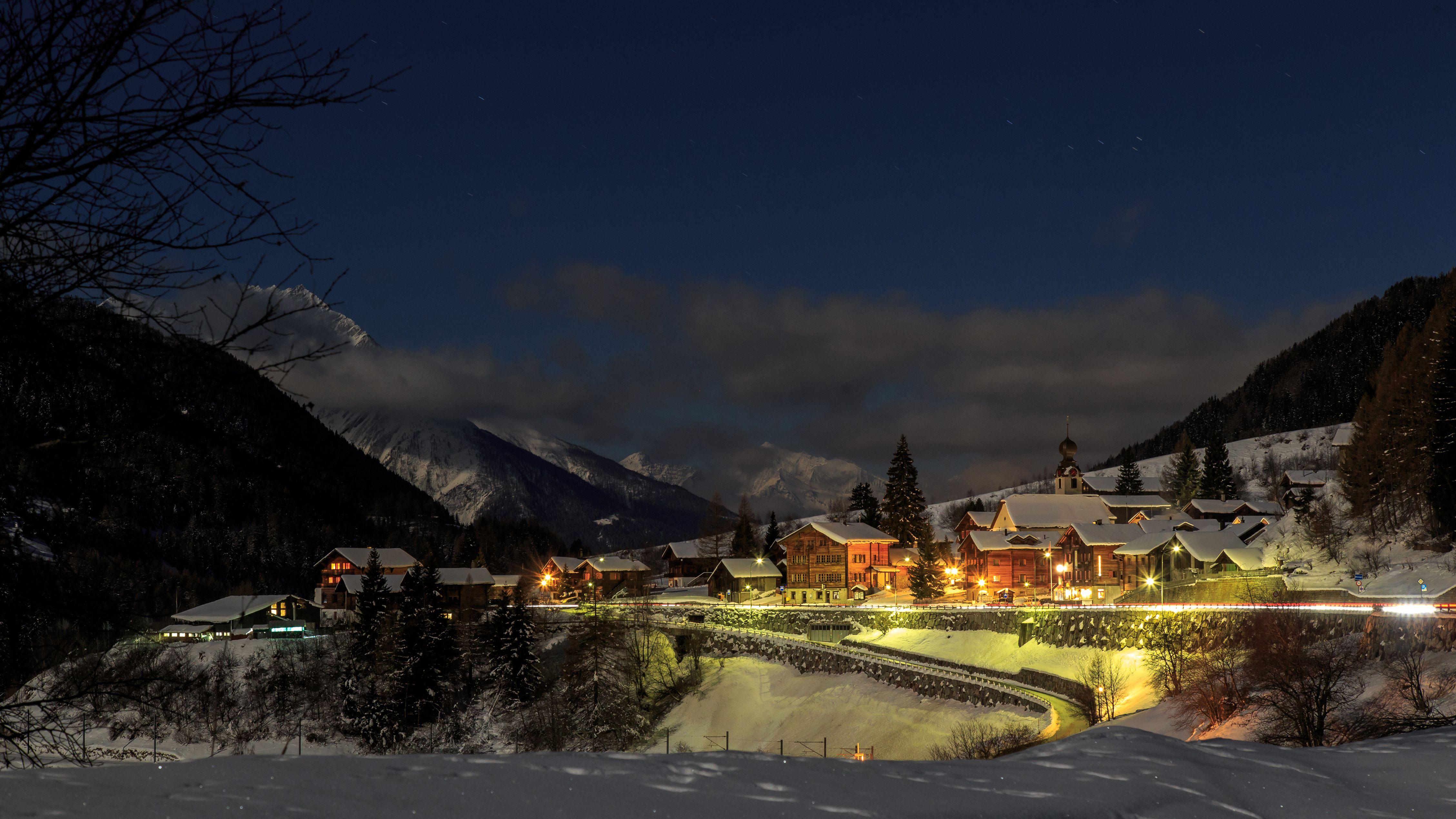 4515x2540 Night Snow Switzerland Tree Village Winter Wallpaper:4515x2540