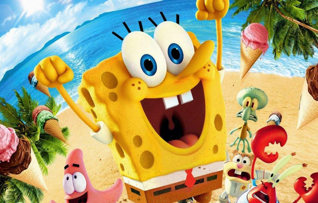 1332x850 Wallpaper cinema, beach, sky, sea, yellow, sand, cartoon, movie, funny, film, ice cream, palm tree, seashore, crab, starfish, SpongeBob SquarePants image for desktop, section фильмы