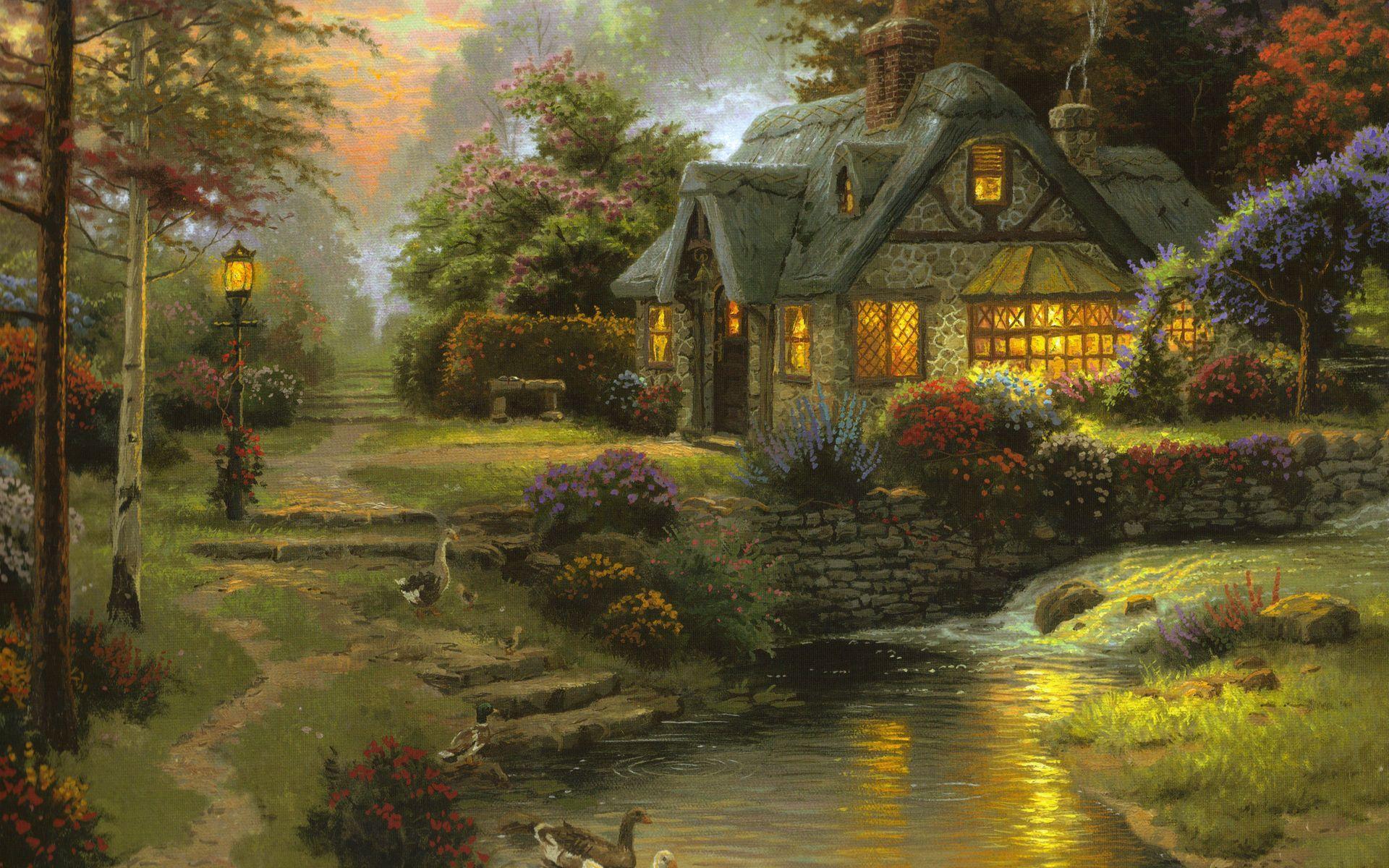 1920x1200 Wallpaper Stillwater Cottage Thomas Kinkade Painting Art [1920 X 1200]. Thomas Kinkade Paintings, Kinkade Paintings, Oil Painting Landscape