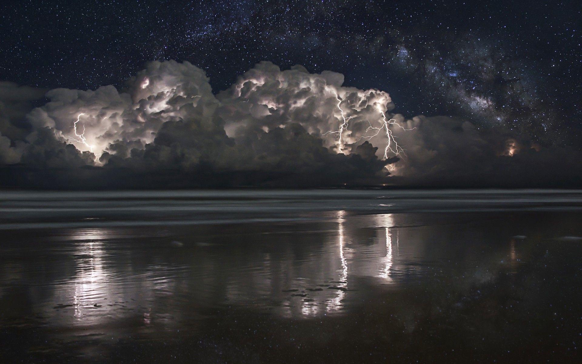 1920x1200 #lightning, #starry night, #clouds, #nature, #beach, px, #Milky Way, #storm, wallpaper. Mocah.org HD Desktop Wallpaper