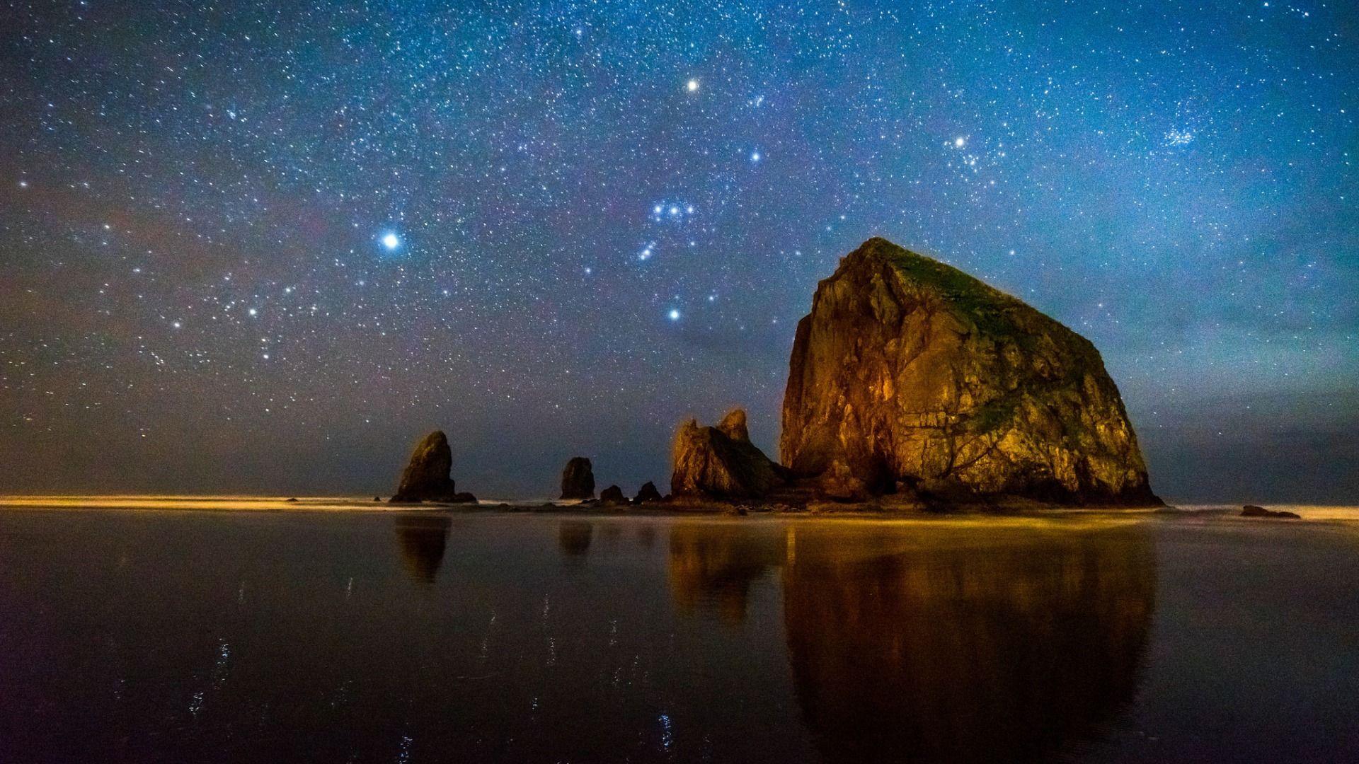 1920x1080 Download wallpaper milky way, space, stone, pond, mirror, reflection, stars, mystery, space resolution 1920x1080. Cannon beach, Pond, Milky way