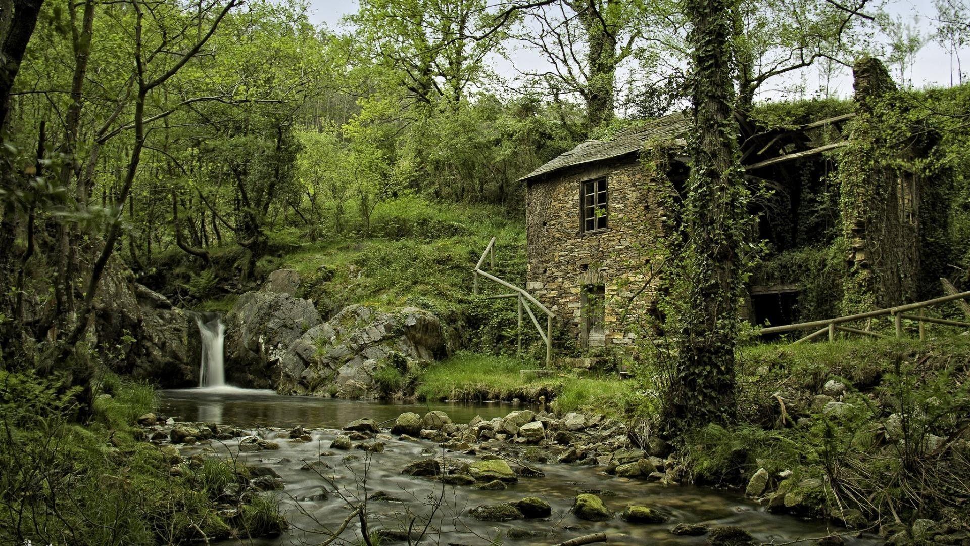 1920x1080 Forest, Waterfall, By, Ruins, Of, A, Stone, Cottage, Desktop Wallpaper, HD Free Photo, Home Image, House Image, Shed, Country Houses, St
