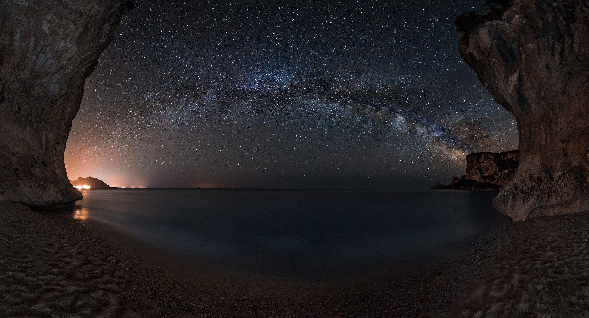 2000x1080 #beach, #Sardinia, #starry night, #lights, #sand, #landscape, # galaxy, #long exposure, #Milky Way, #sky, #sea, #nature, #cave, wallpaper. Mocah.org HD Desktop Wallpaper
