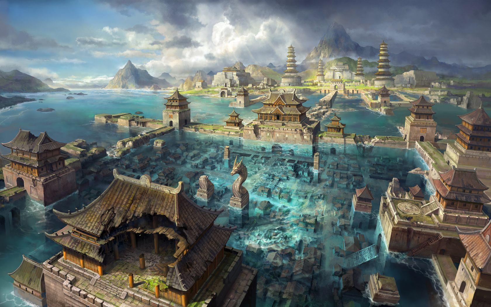 1680x1050 Title Fantasy Ruin Wallpaper Water City HD Wallpaper