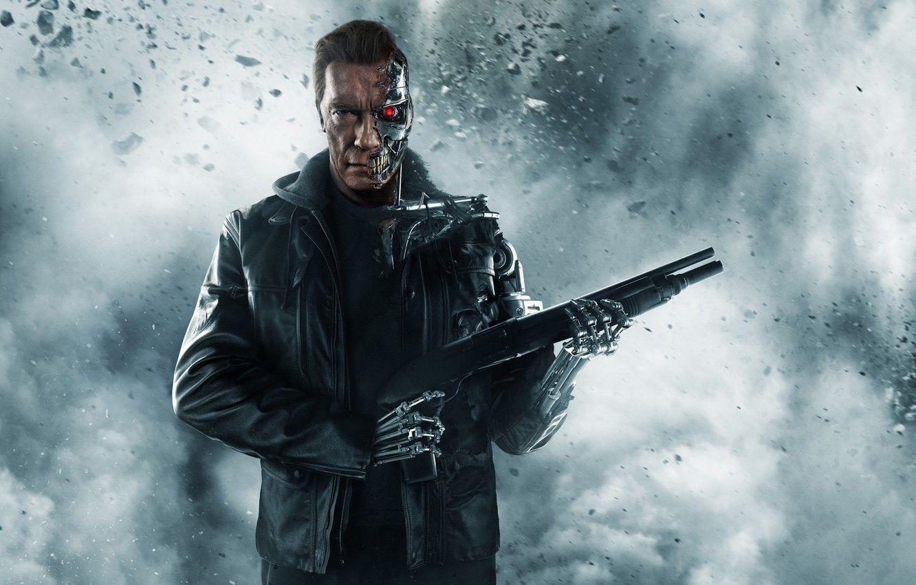 1332x850 Wallpaper ash, weapons, fiction, smoke, robot, jacket, cyborg, shotgun, poster, Arnold Schwarzenegger, Terminator, Arnold Schwarzenegger, Terminator: Genisys, Terminator: Genesis image for desktop, section фильмы