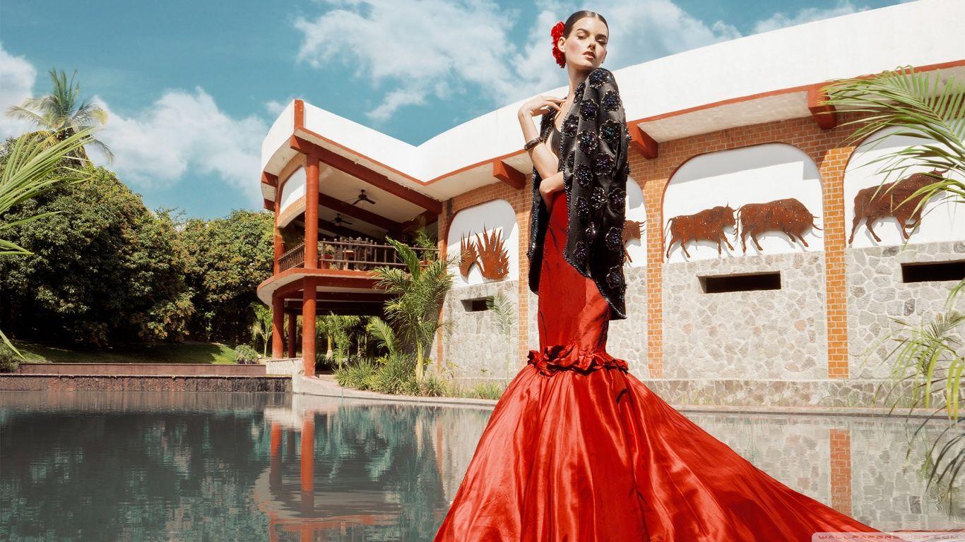 1366x768 Hispanic Woman Model in Flamenco Red Dress Ultra HD Desktop Background Wallpaper for 4K UHD TV : Widescreen & UltraWide Desktop & Laptop : Tablet