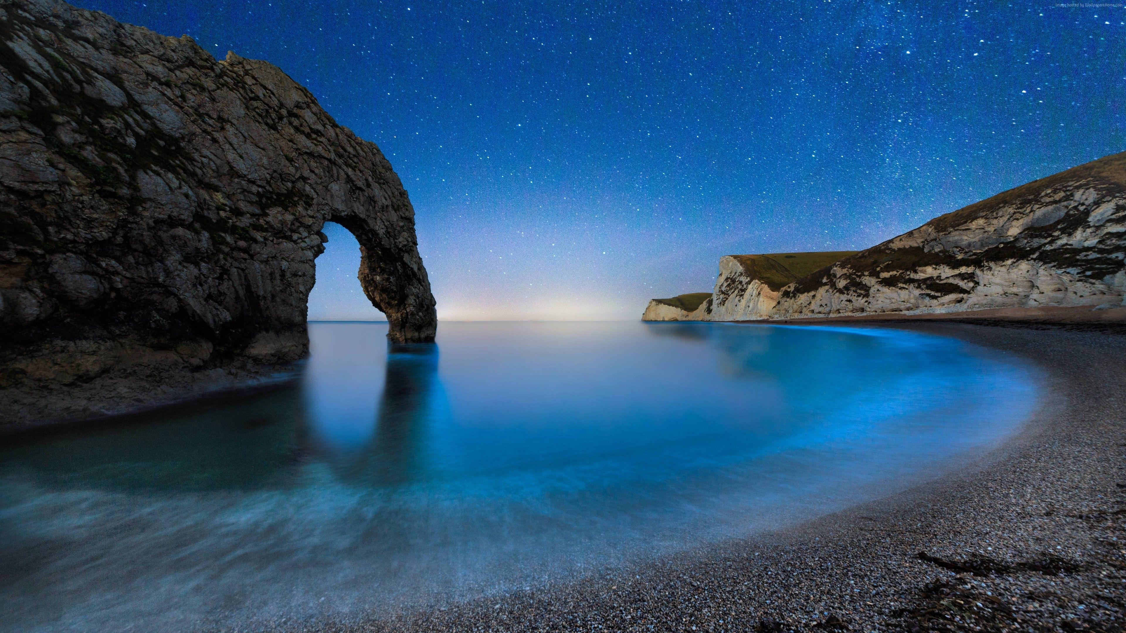 3840x2160 Wallpaper Durdle Door, 5k, 4k wallpaper, beach, night, stars, sea, England, Travel Wallpaper Download Resolution 4K Wallpaper