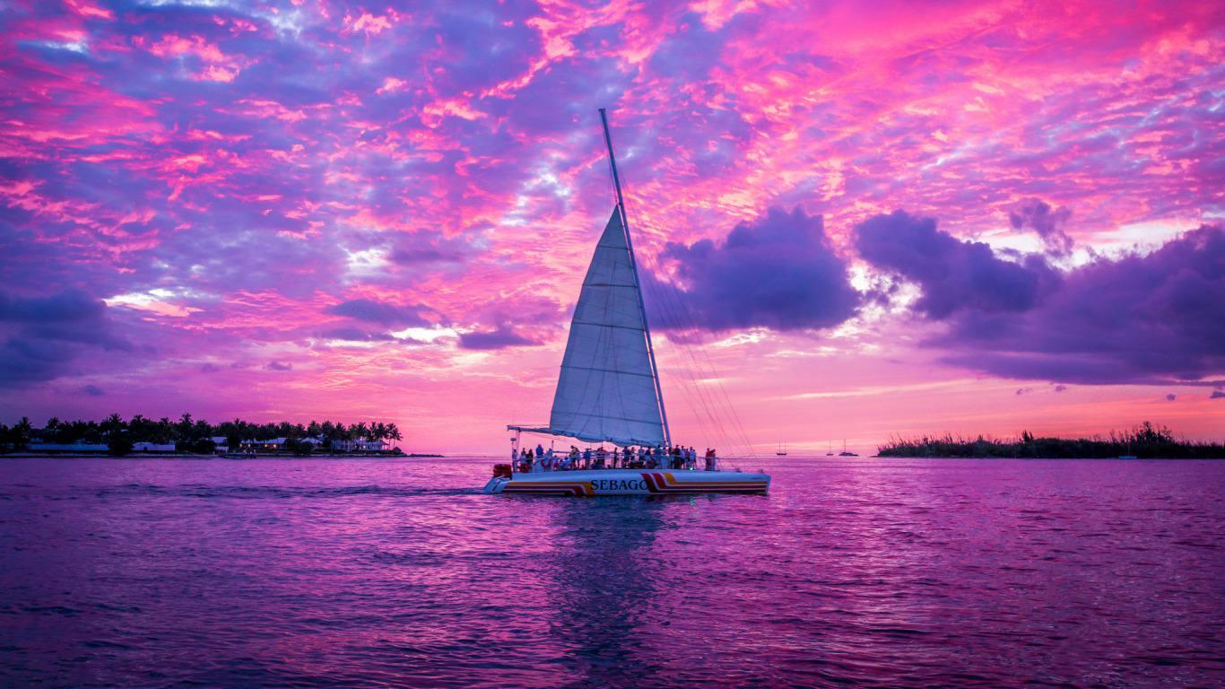 1366x768 Wallpaper bright, Sailboat at sunset, DY.48