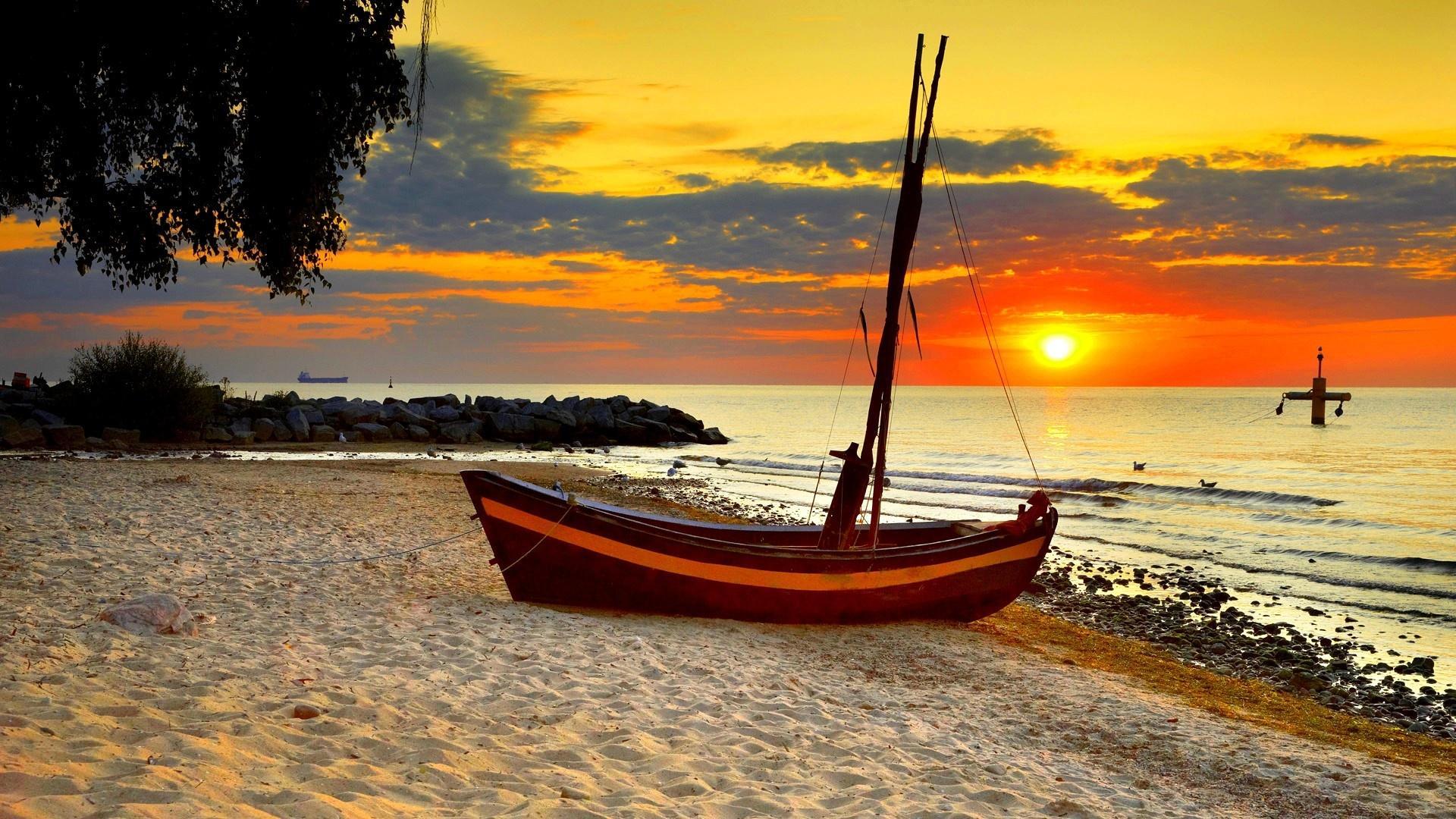 1920x1080 beach sunset sailboats HD wallpaper desktop widescreen background new 1459 - Sailboats HD Wallpaper