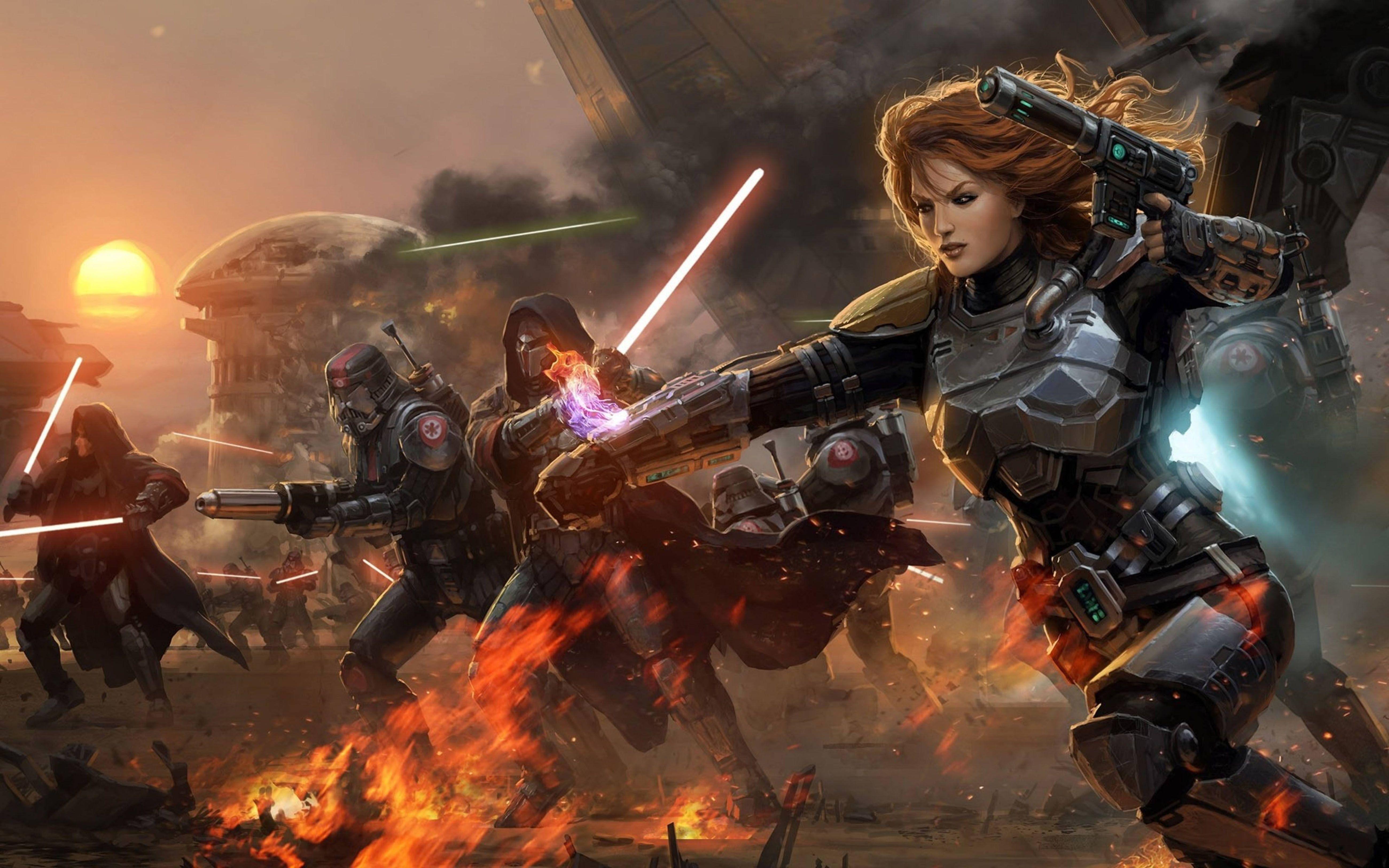 5200x3250 Star Wars The Old Republic Girl Warrior Lightsabers Battle Smoke Wallpaper HD :
