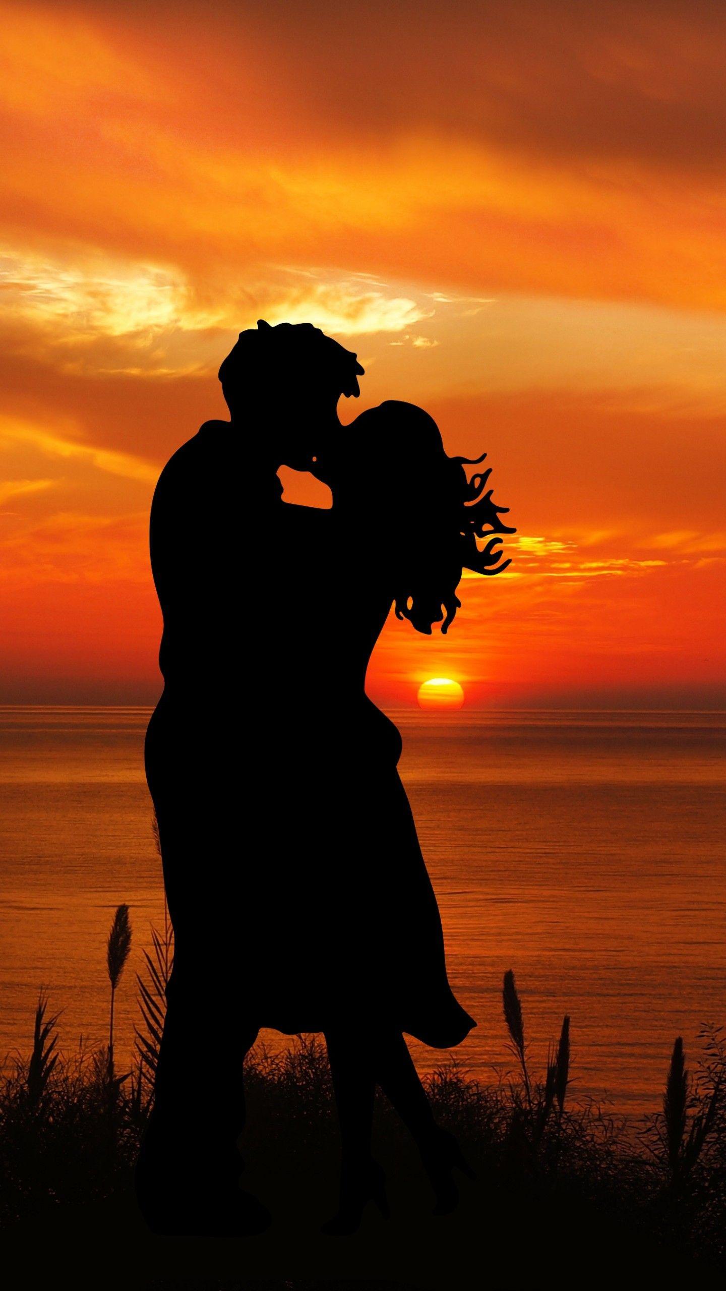 1440x2560 Couple Wallpaper 4K, Romantic kiss, Silhouette, Sunset
