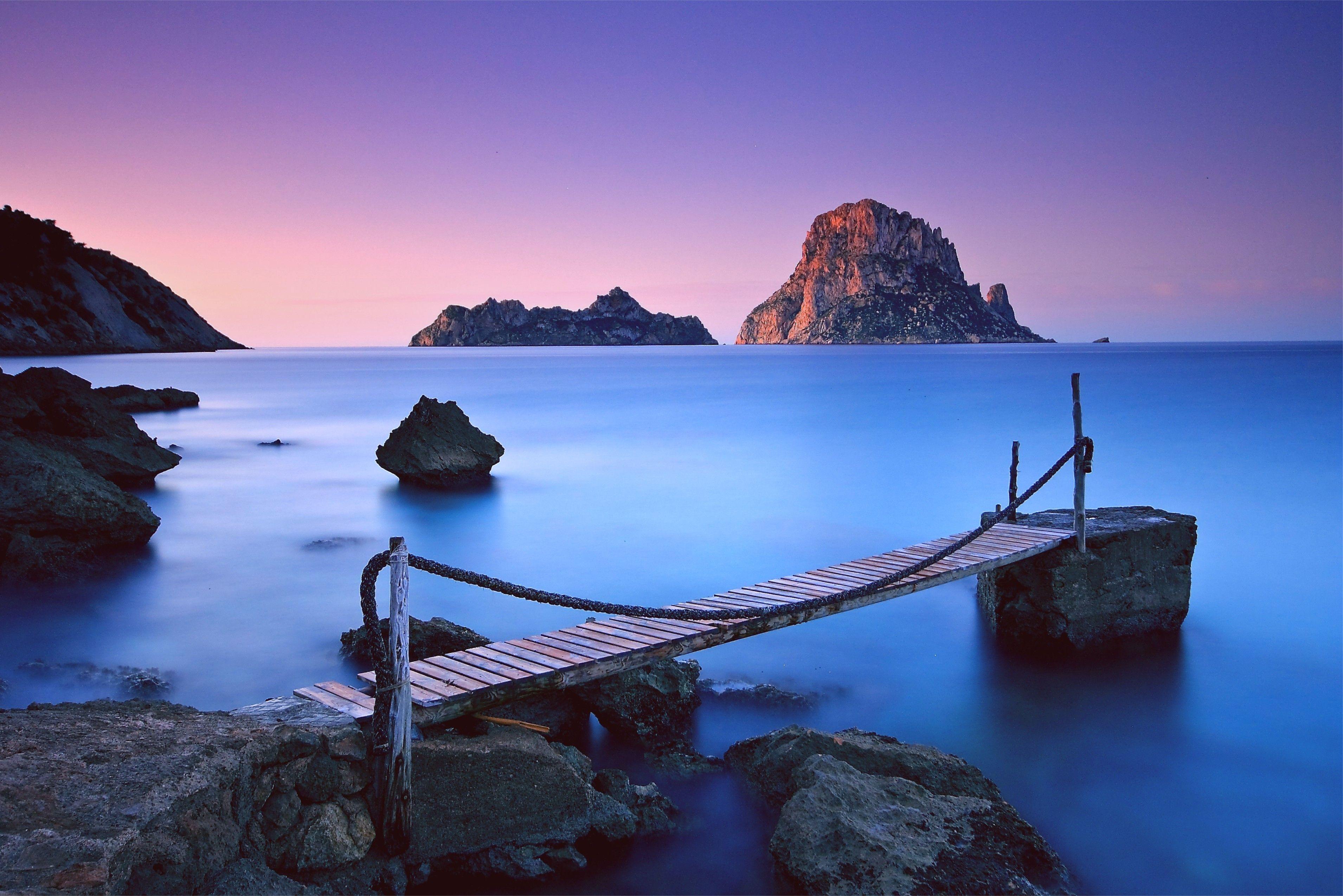 3820x2548 sea, Pier, Ropes, Horizon, Rock, Sky, Pink, Blue, Es vedra, Island, Ibiza Wallpaper HD / Desktop and Mobile Background