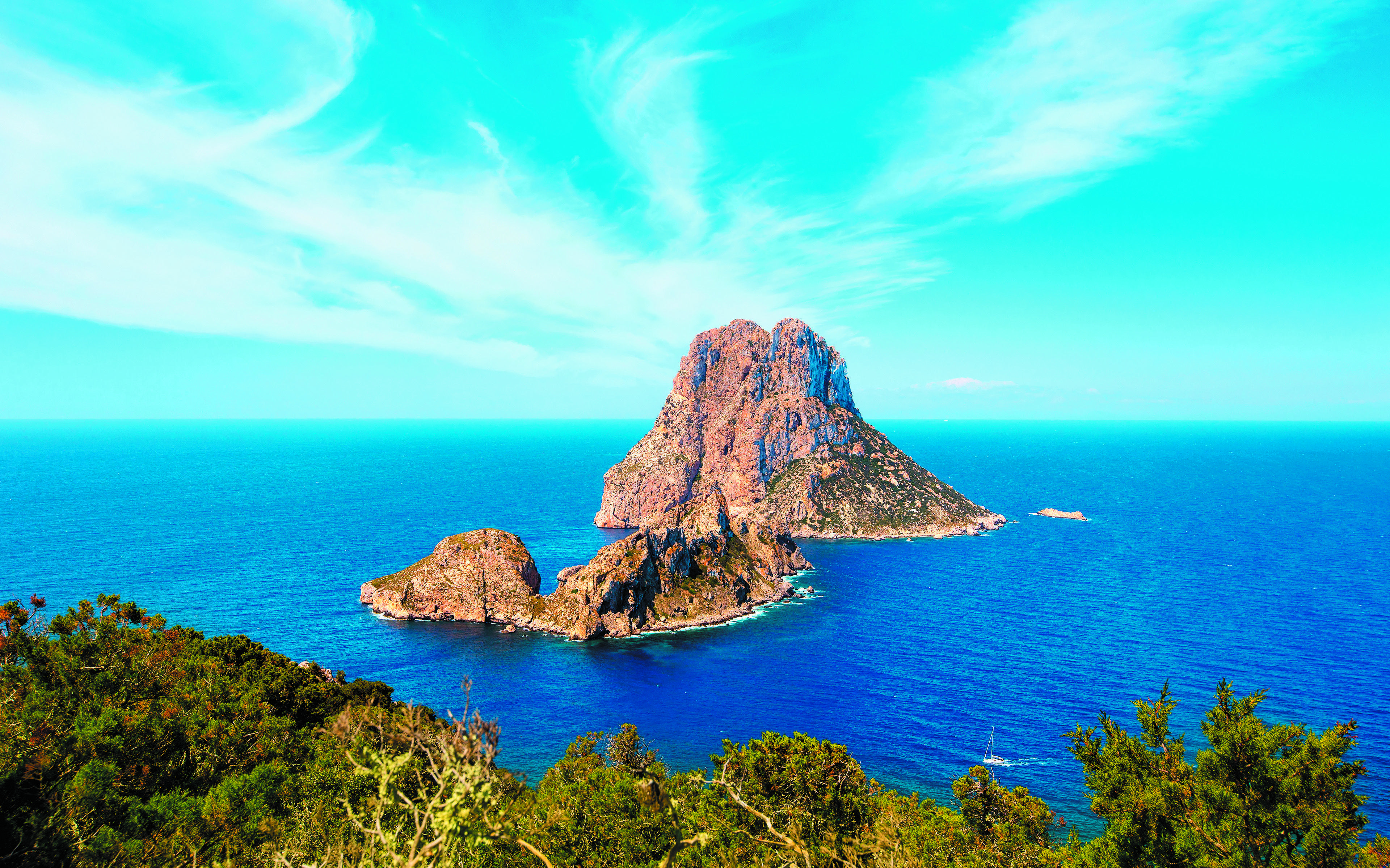 3840x2400 Download wallpaper Mediterranean Sea, Ibiza, Balearic Islands, rocks, coast, seascape, summer, 4k, Spain for desktop with resolution 3840x2400. High Quality HD picture wallpaper
