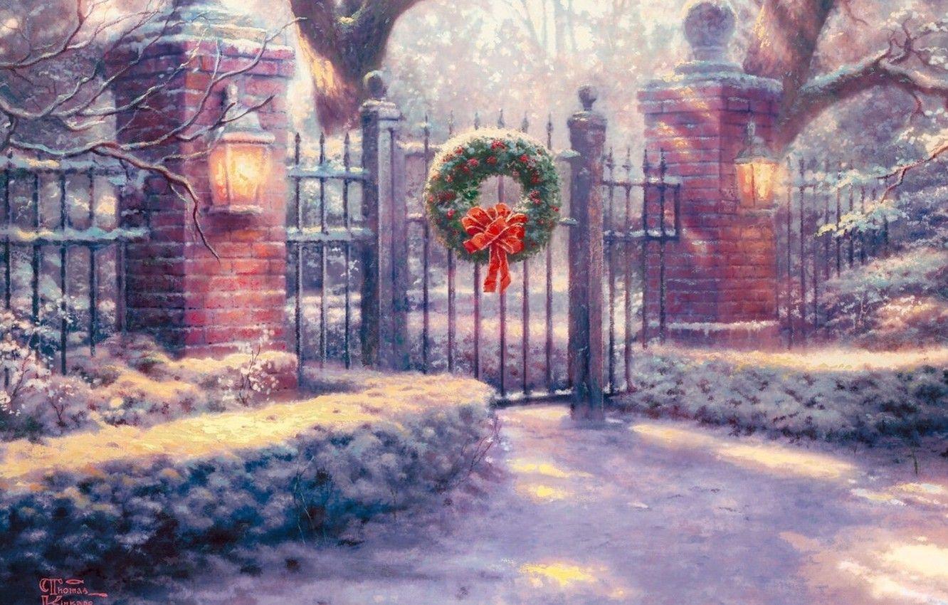 1332x850 Wallpaper snow, Gate, lights, decoration, painting, Thomas Kinkade, painting, Thomas Kinkade, Christmas, Christmas Gate image for desktop, section живопись