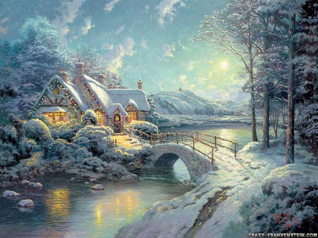 1024x768 Pretty Winter Scene. Thomas kinkade christmas, Thomas kinkade art, Thomas kinkade