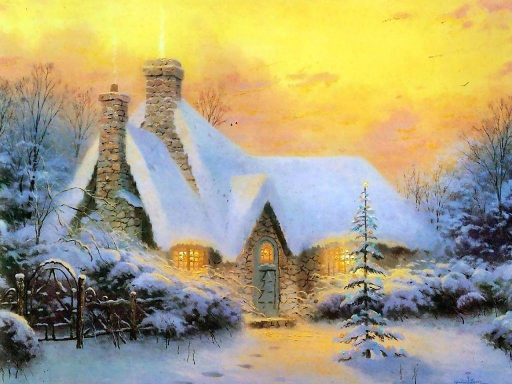 1024x768 Thomas Kinkade Christmas Tree Cottage Wallpaper 1024x768