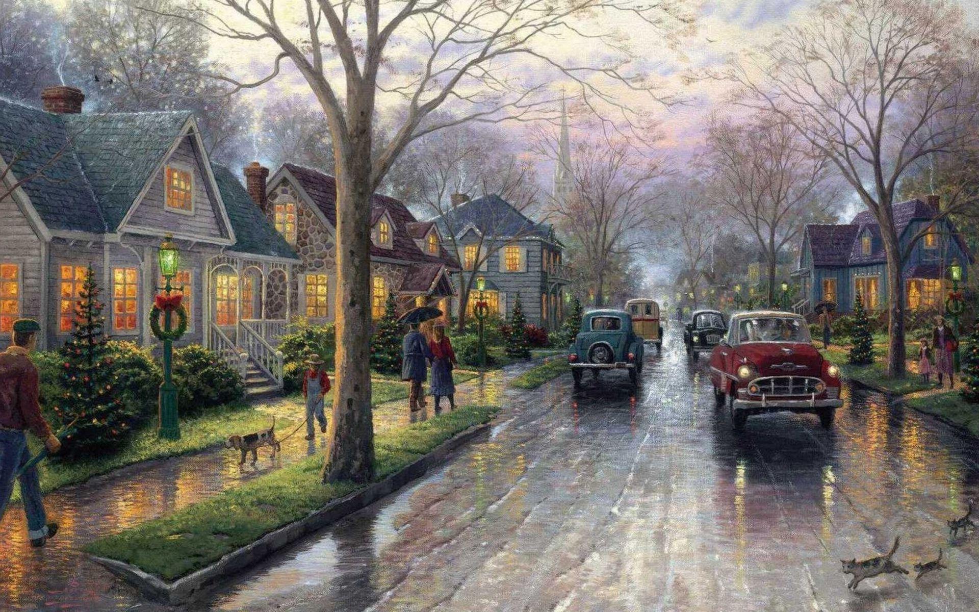 1920x1200 Thomas kinkade christmas tree christmas painting Hometow