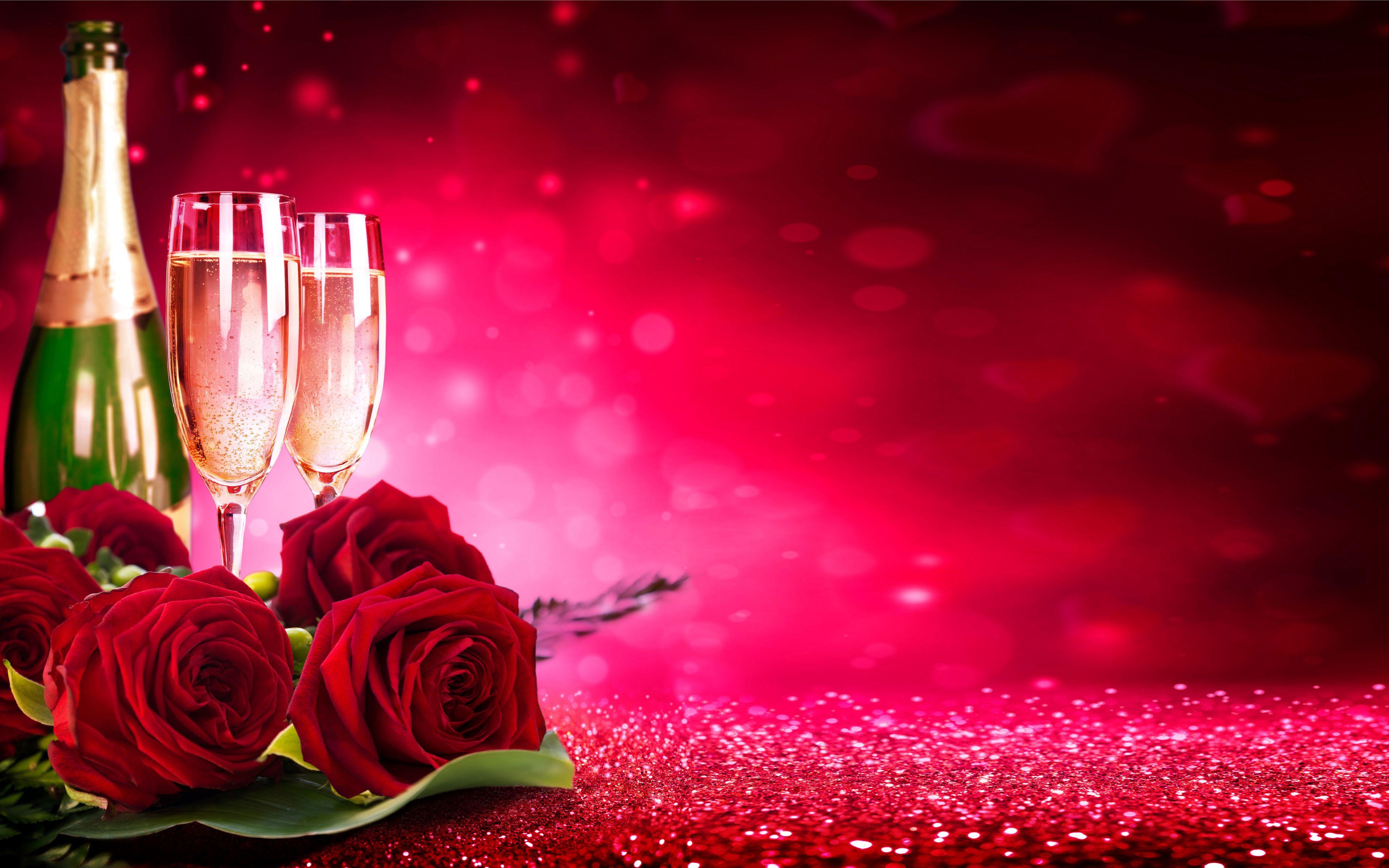 3840x2400 Valentine Champagne And Flower Red Roses HD Wallpaper Ultra HD 4k Wallpaper For Desktop & Mobiles 3840x2400 :