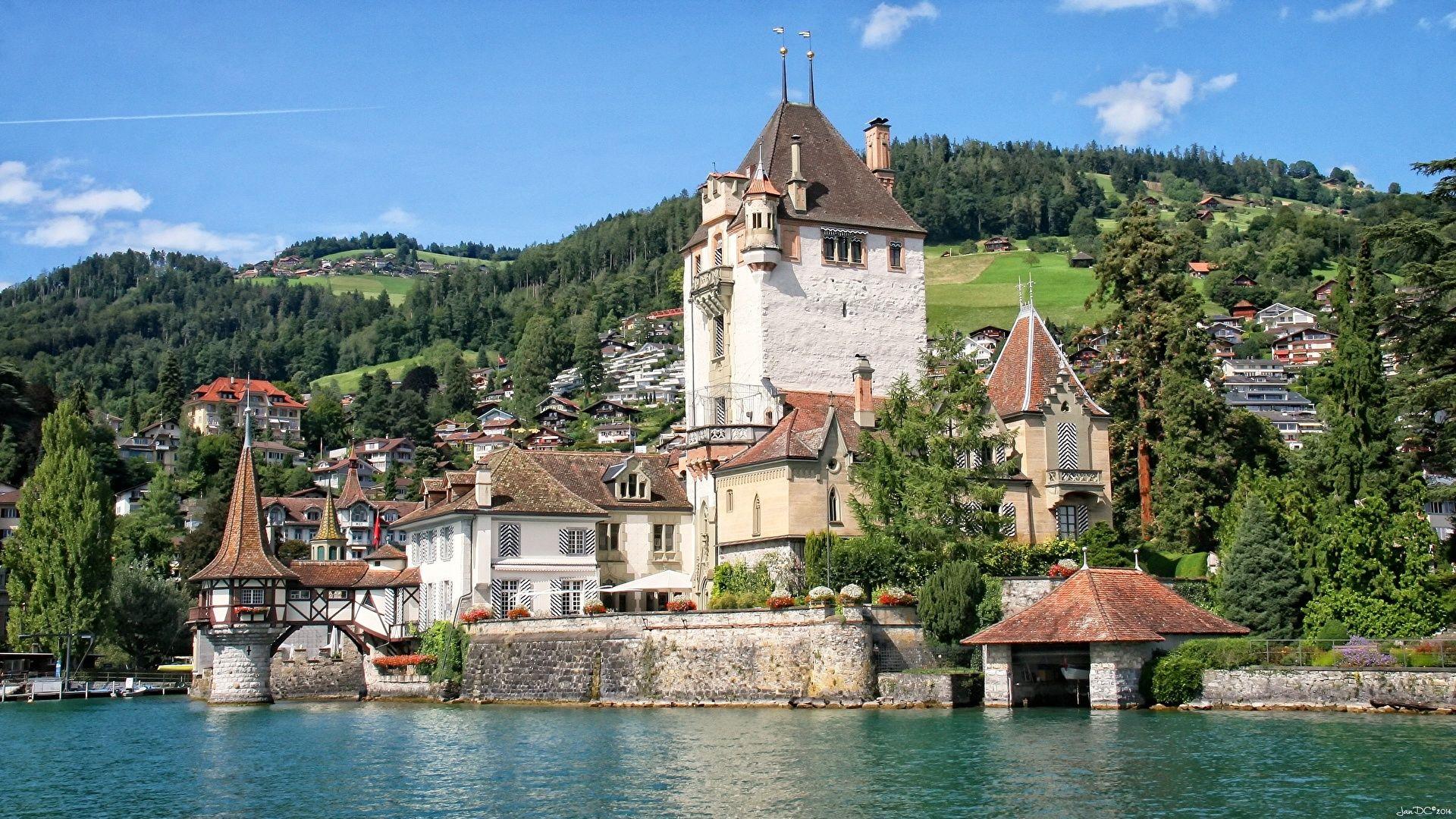 1920x1080 Desktop Wallpaper Switzerland Oberhofen Castle, Lake Thun 1920x1080