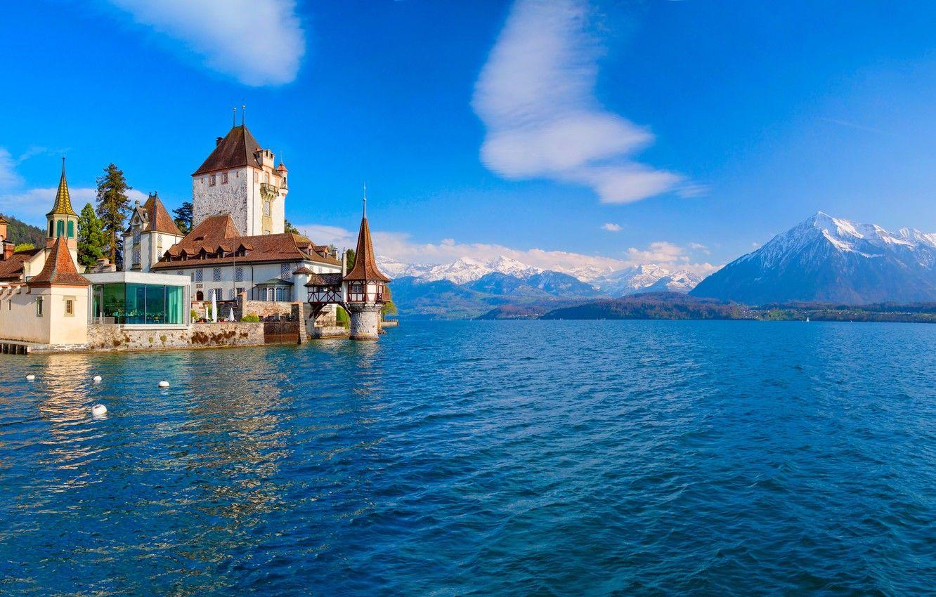 1332x850 Wallpaper mountains, lake, castle, Switzerland, Alps, Switzerland, Alps, Lake Thun, Oberhofen Castle, Lake Thun, Oberhofen Castle, Oberhofen am thunersee, Oberhofen am Thunersee image for desktop, section пейзажи