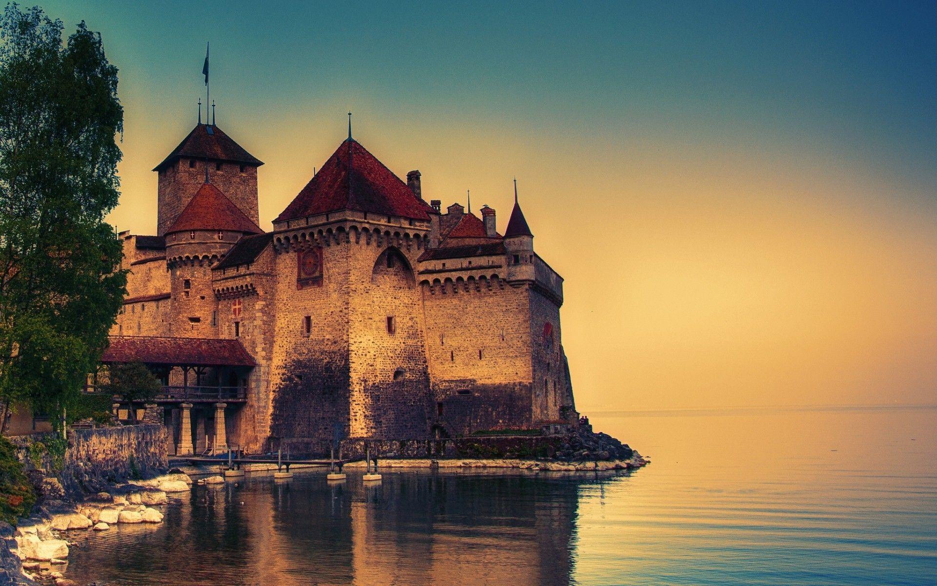 1920x1200 nature, Architecture, Castle, Trees, Old Building, Switzerland, Lake Geneva, Rock, Reflection, Chillon Castle Wallpaper HD / Desktop and Mobile Background