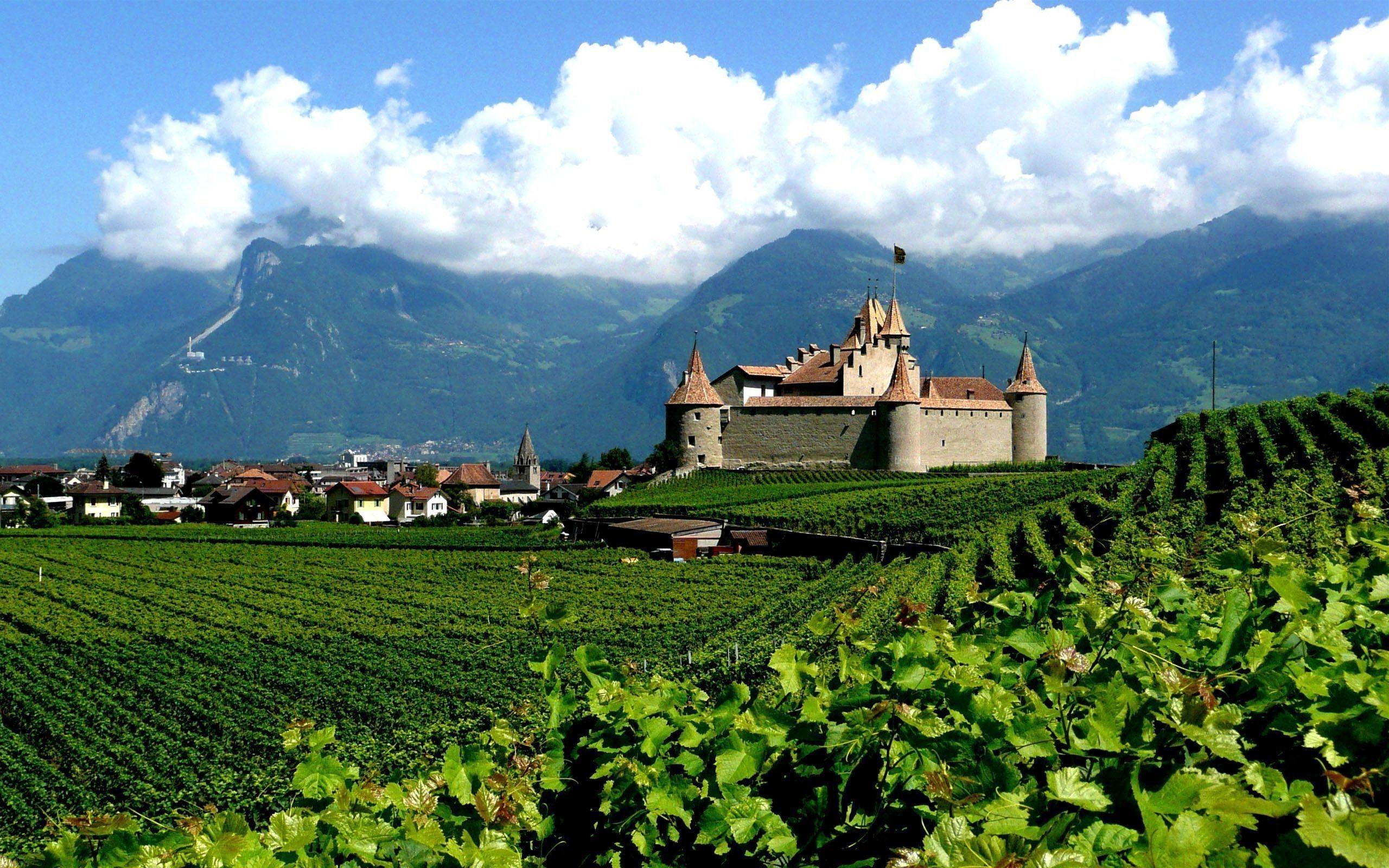 2560x1600 nature, Landscape, Castle, Switzerland, Field, Mountain, Clouds Wallpaper HD / Desktop and Mobile Background