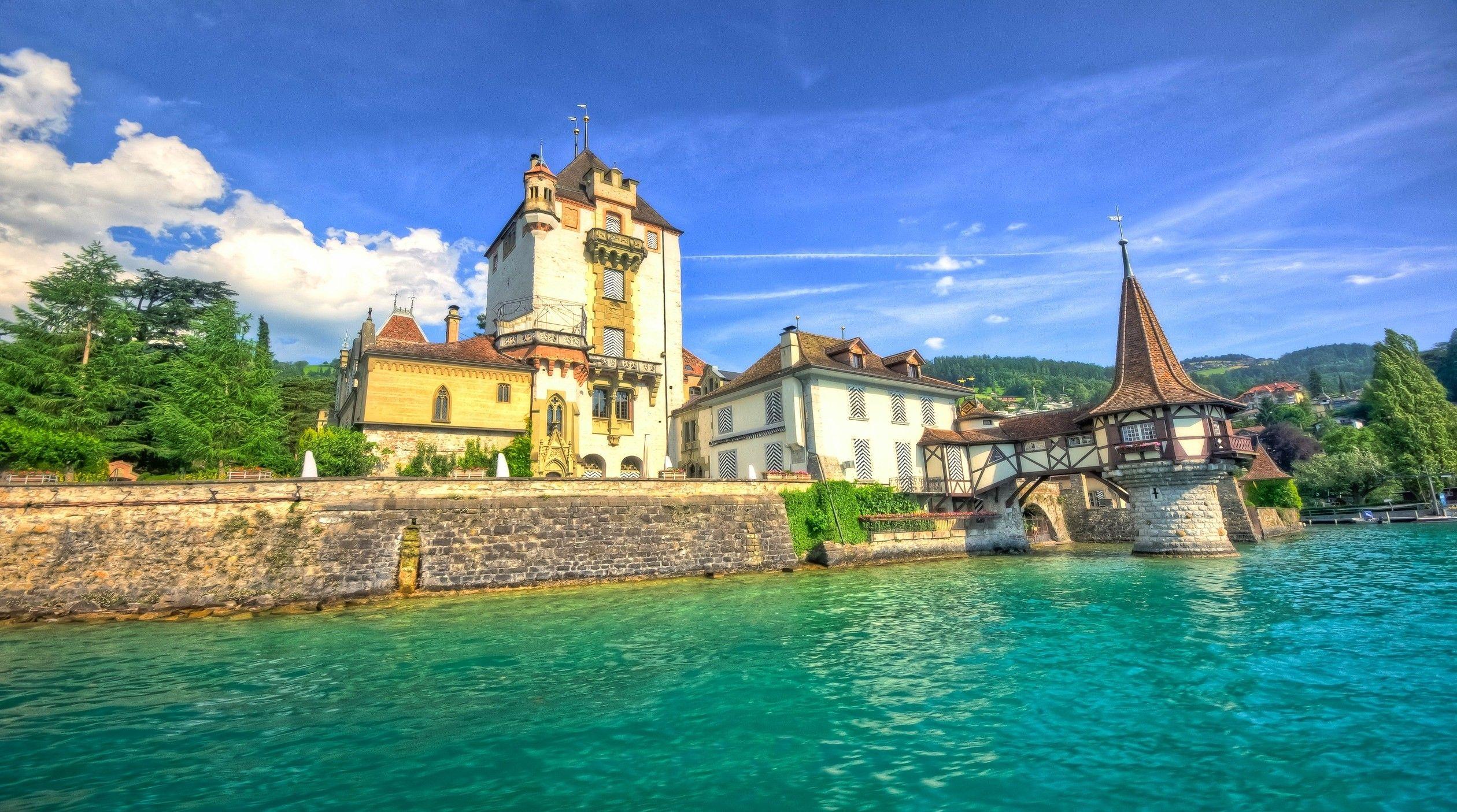 2520x1405 architecture, Castle, Lake, Trees, Clouds, Nature, Landscape, Water, Switzerland Wallpaper HD / Desktop and Mobile Background