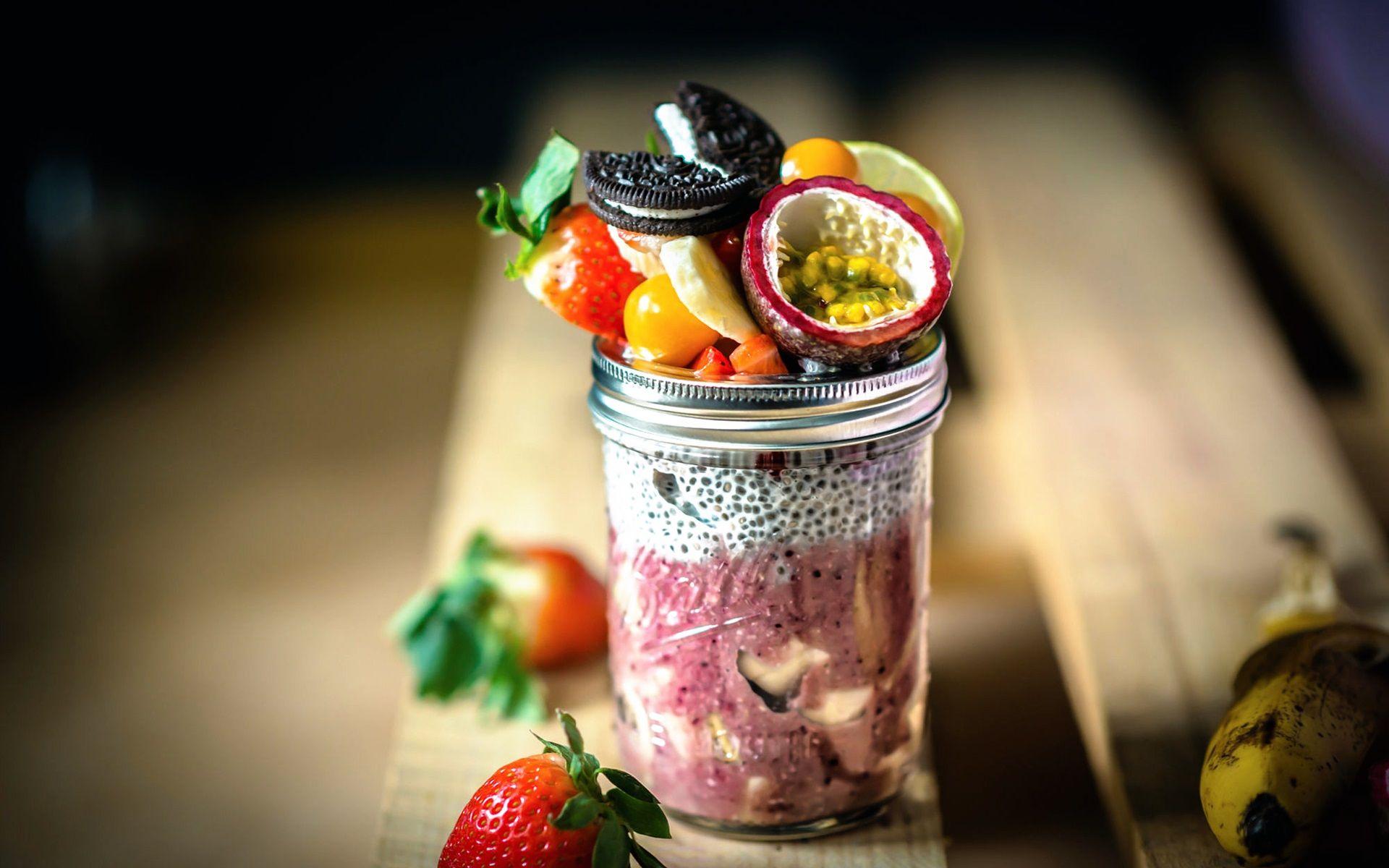 1920x1200 Wallpaper Fruit salad, strawberries, glass cup, wood 1920x1200 HD Picture, Image