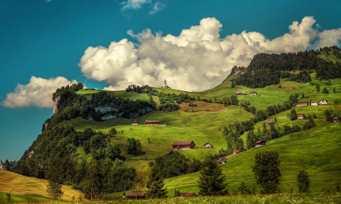 1167x700 Switzerland Mountains Forests Houses Grasslands Scenery HDR Clouds Nature wallpaperx2700