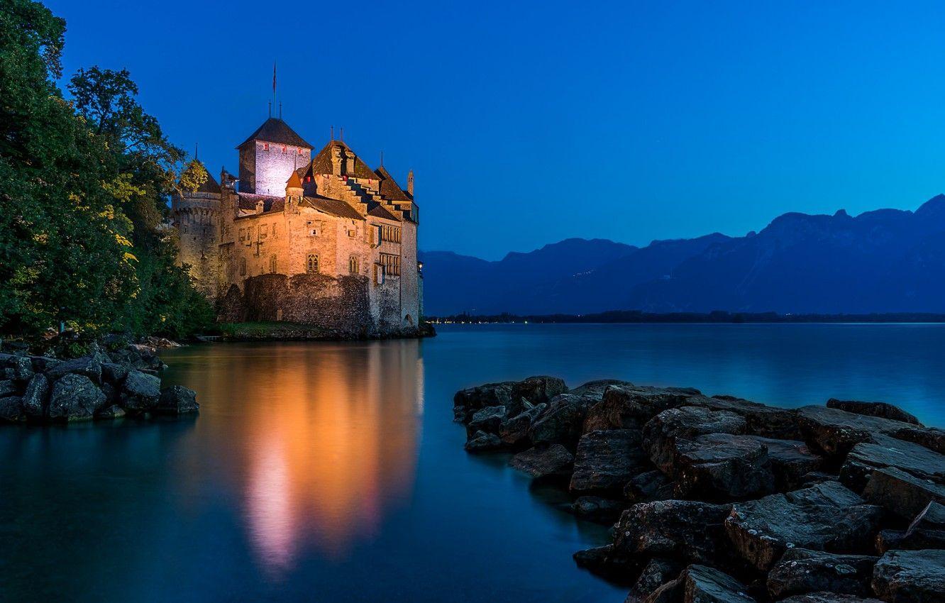 1332x850 Wallpaper mountains, lake, stones, castle, Switzerland, Alps, Switzerland, Alps, Lake Geneva, Chillon castle, Montreux, Lake Geneva, Montreux, Chillon Castle, Chateau de Chillon image for desktop, section пейзажи