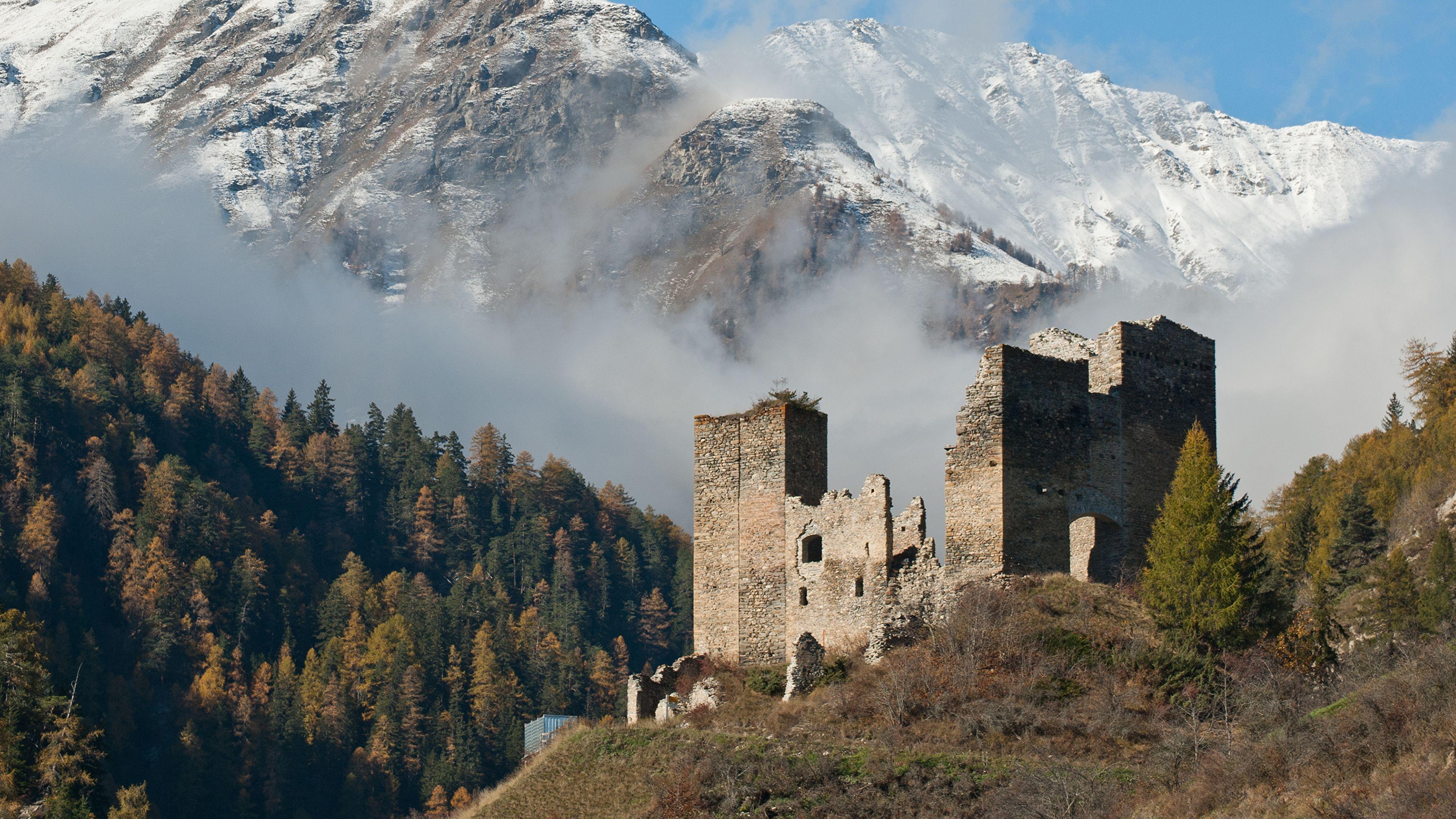 3840x2160 Wallpaper Switzerland Fog Nature castle mountain Snow 3840x2160