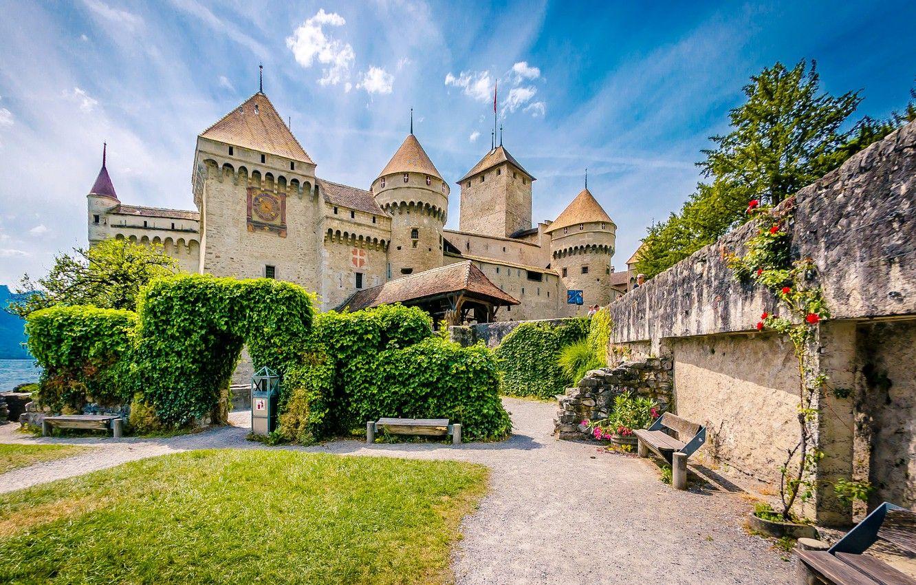 1332x850 Wallpaper greens, lake, stones, castle, lawn, wall, island, Switzerland, arch, benches, benches, Lake Geneva, Chillon Castle image for desktop, section город