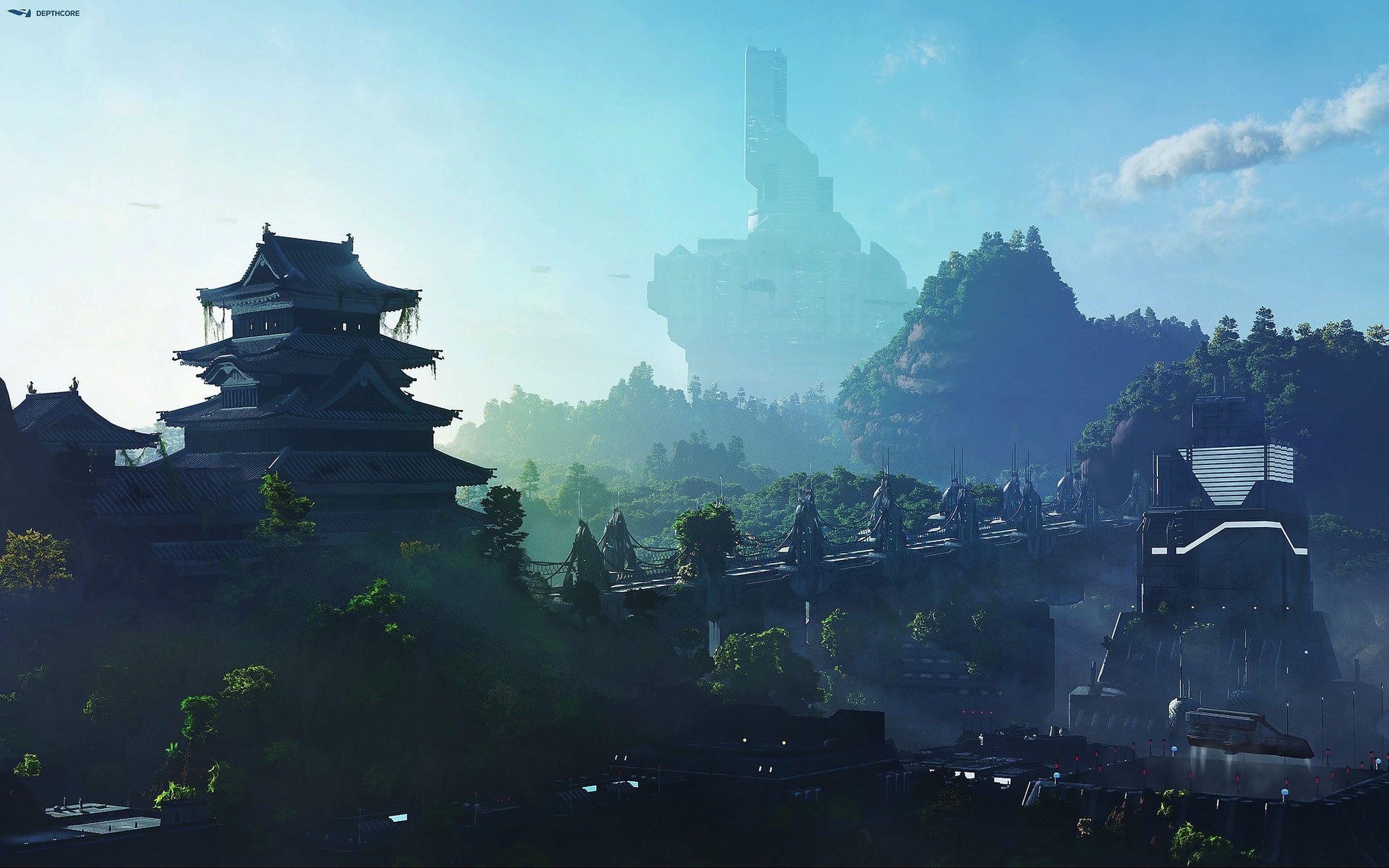 2560x1600 futuristic temple and forest landmark, video game screenshot #Japan science fiction #futuristic digital art #build. Wallpaper pc, Asian wallpaper, Japanese nature