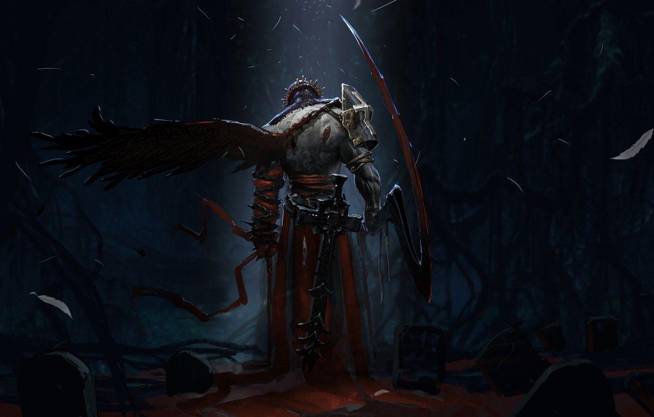 1332x850 Wallpaper dark, sword, blood, fantasy, armor, Warrior, night, wings, cross, crown, cemetery, weapons, artwork, fantasy art, feather, pearls image for desktop, section фантастика