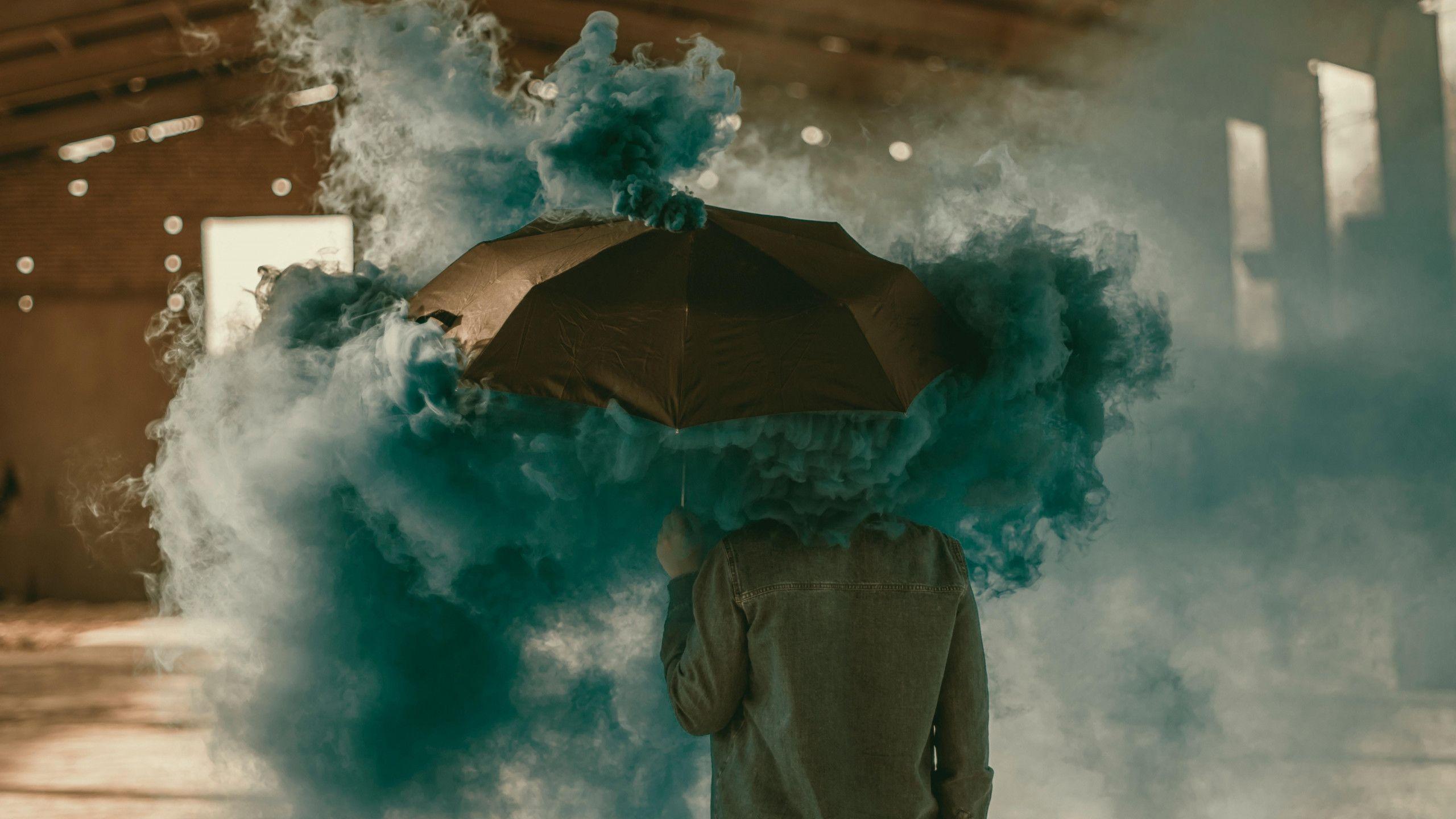 2560x1440 wallpaper umbrella, smoke, colored smoke, man HD : Widescreen : High Definition