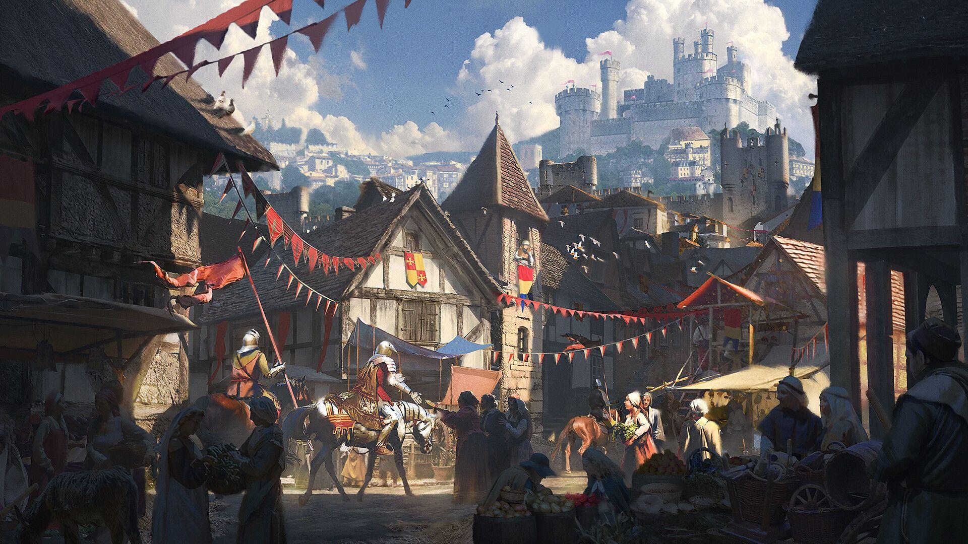 1920x1080 Artwork Digital Art Medieval Castle Knights Knight Village Cmy Cai Wallpaper:1920x1080