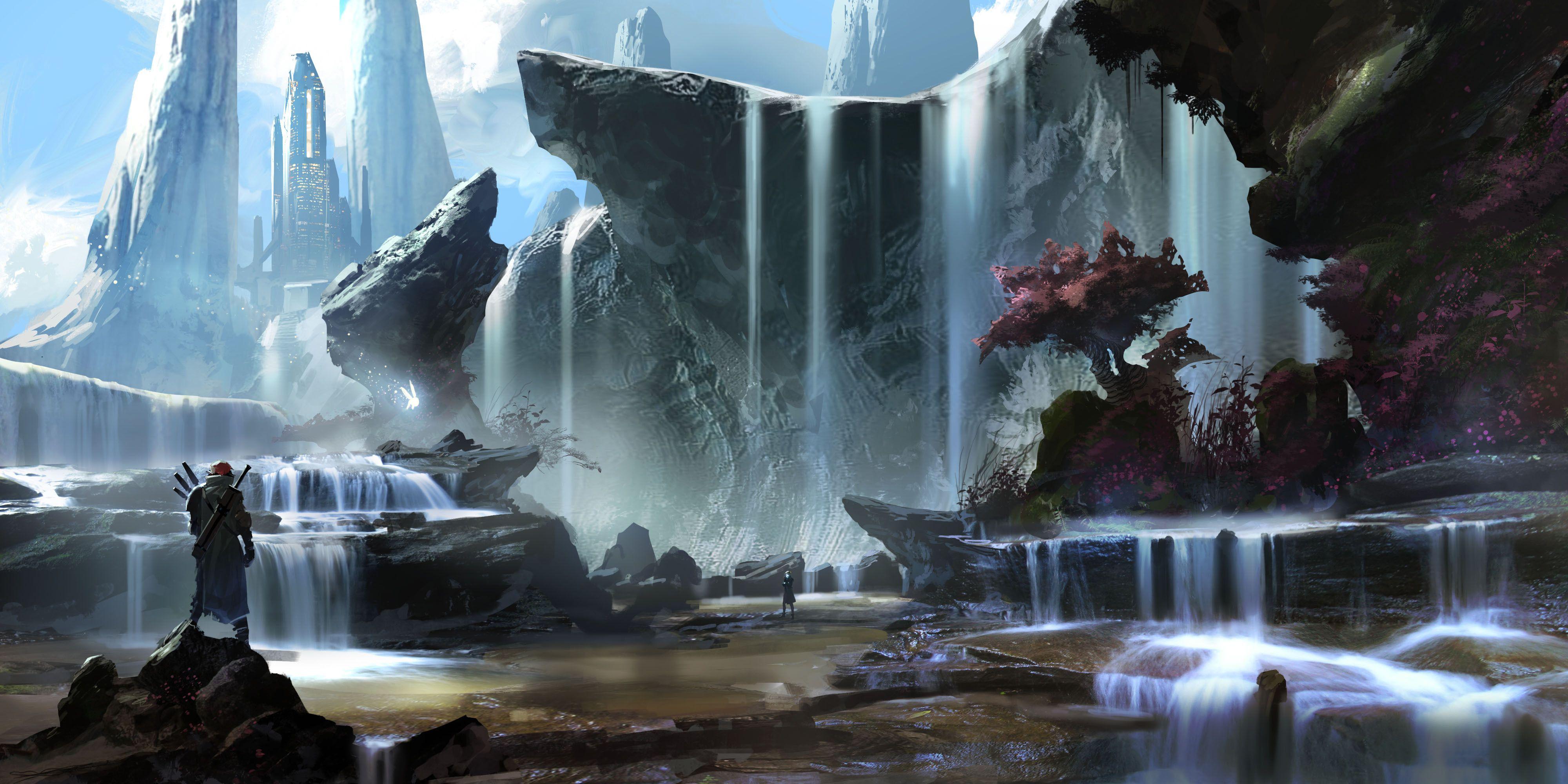 4000x2000 fantastic, World, Waterfall, Landscape, Mountains, River, Warrior Wallpaper HD / Desktop and Mobile Background