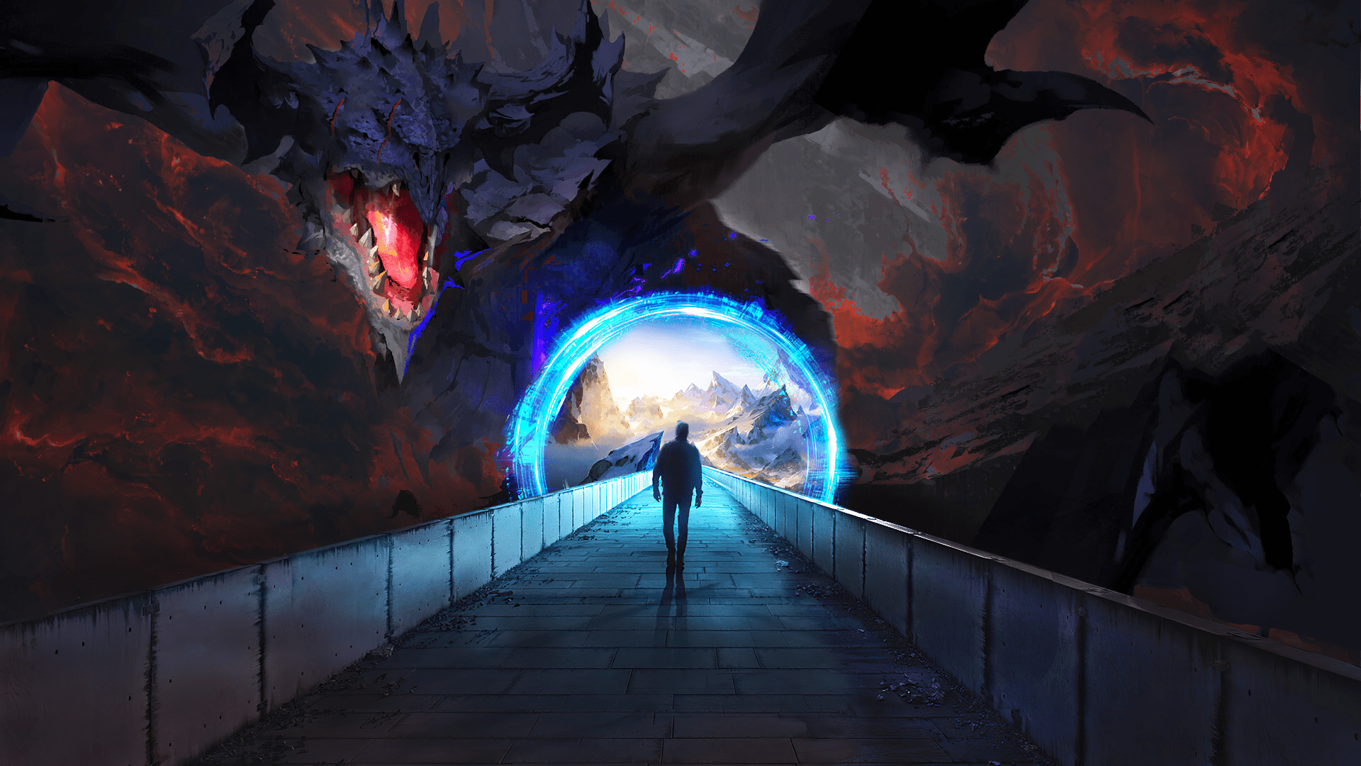 1920x1080 Dragon Portal Portals 3D Fractal Fire Metal Fantastic Landscape Digital Digital Art Minimalism Futur Wallpaper:1920x1080
