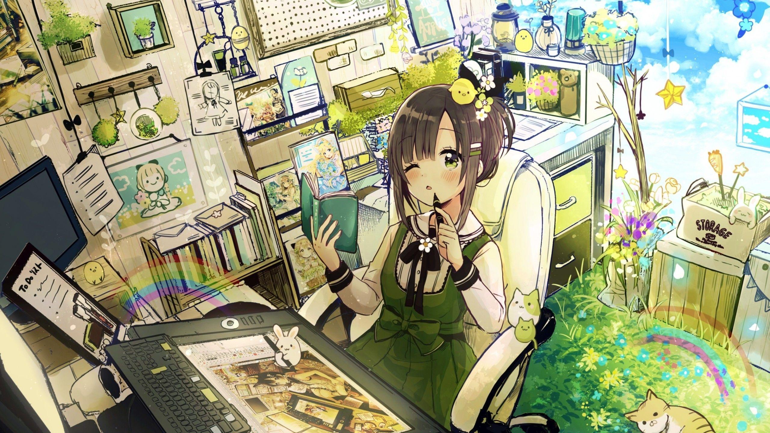 2560x1440 Download 2560x1440 Anime Girl, Artist, Indoors, Graphic Tablet Wallpaper for iMac 27 inch